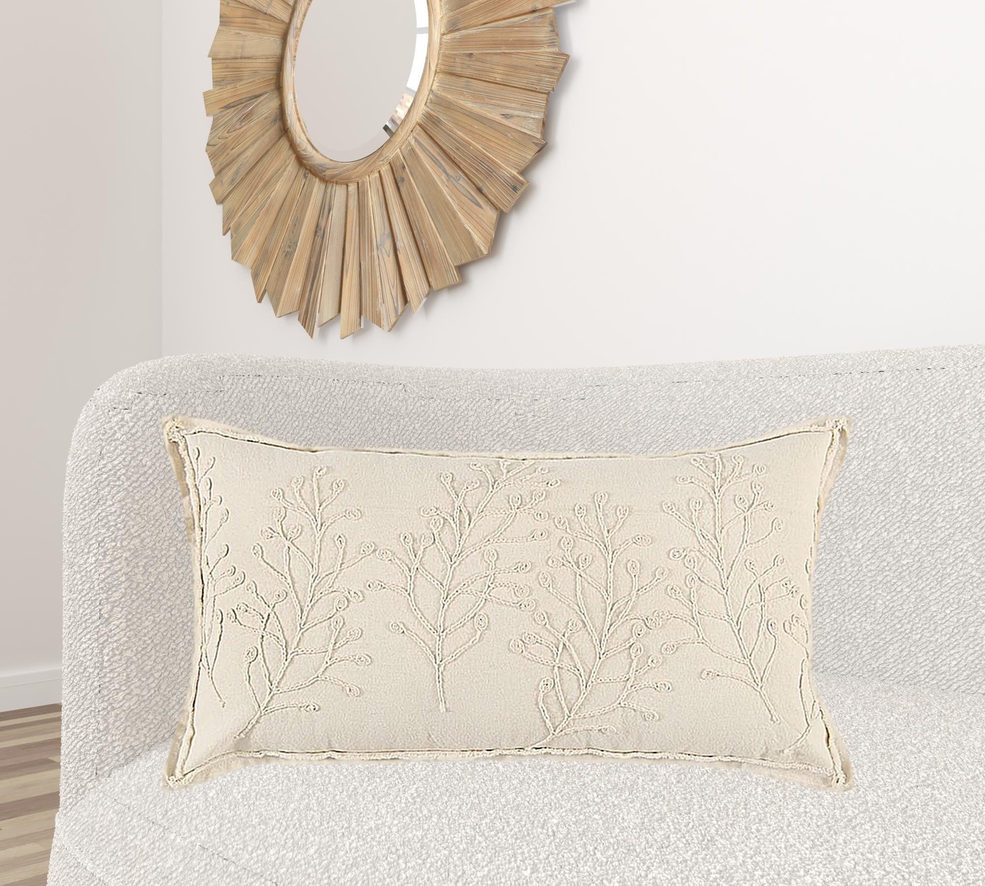 Beige Botanical Pattern Embroidered Lumbar Pillow