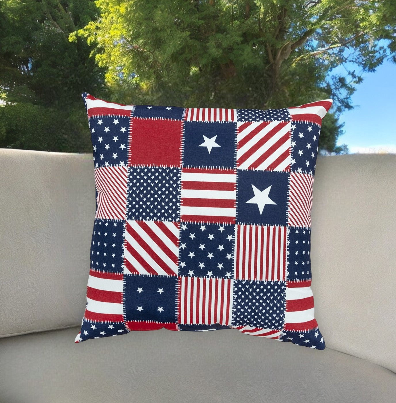 Red White and Blue Patchwork Independence Day Indoor Outdoor Throw Pillow