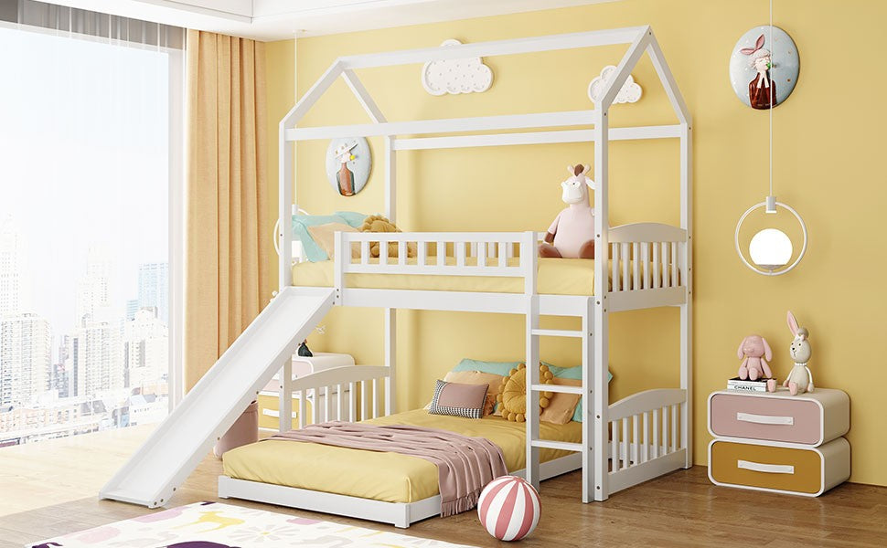 White Playhouse Frame Full Over Full Perpendicular Bunk Bed with Slide