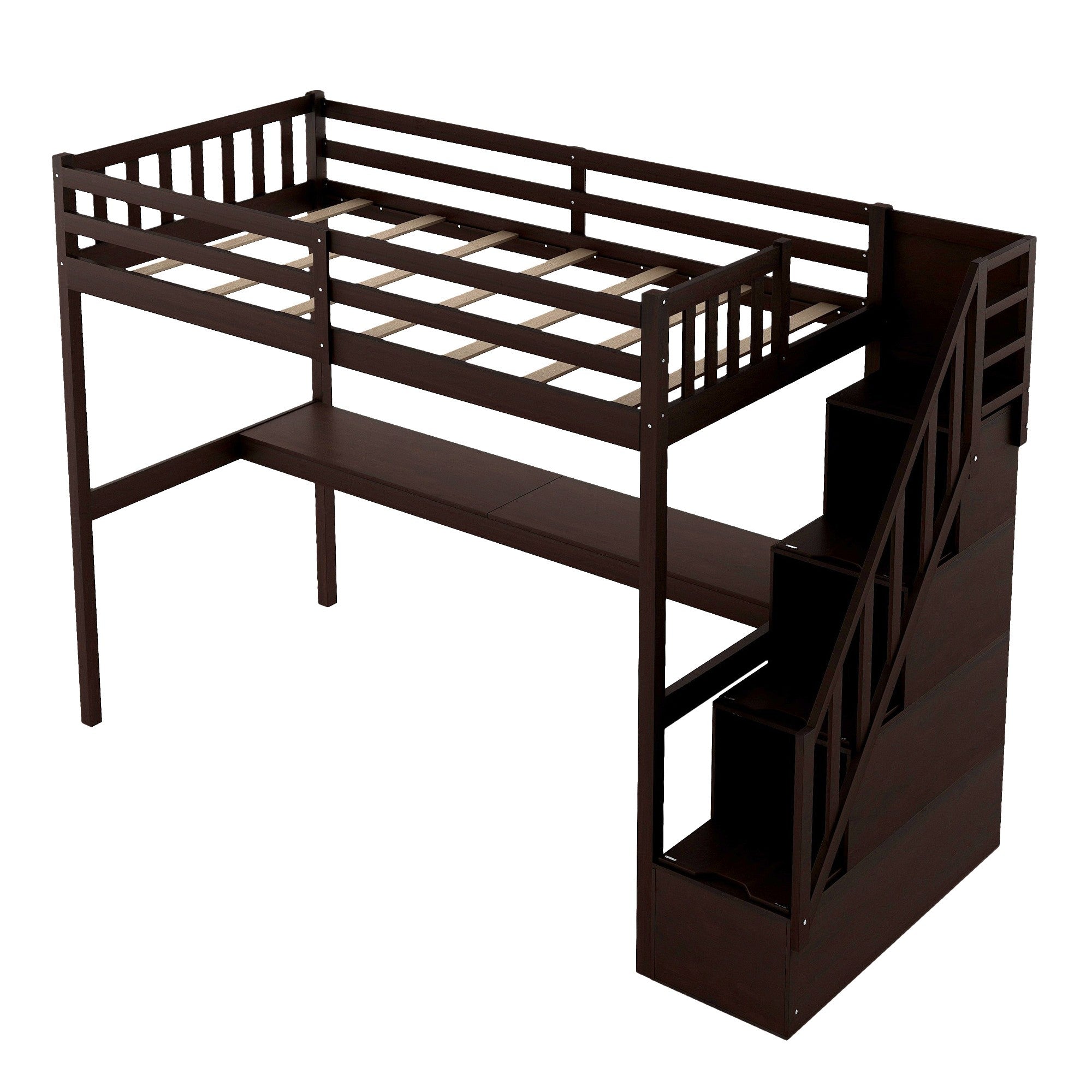 Espresso Twin Size Loft Bed with Built In Desk and Stairway