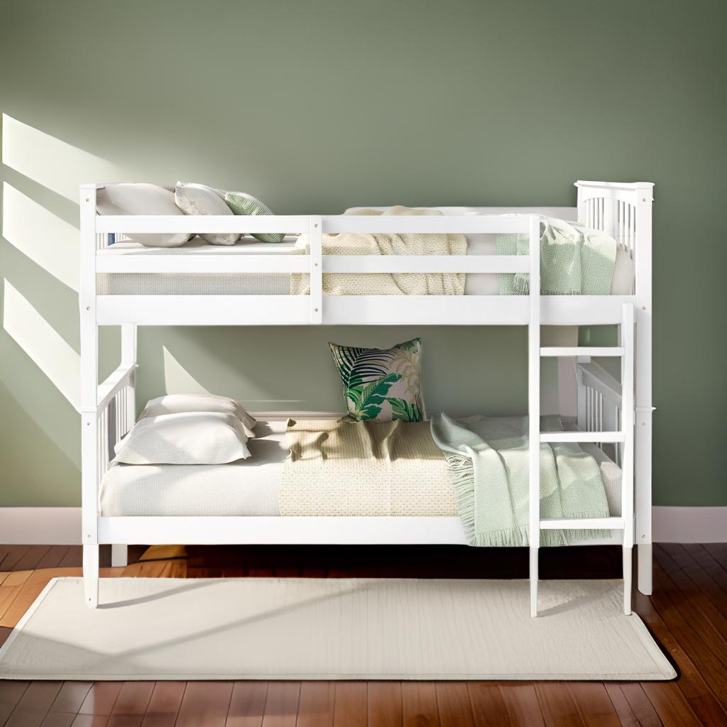 White Classic Full Over Full Bunk Bed with Ladder