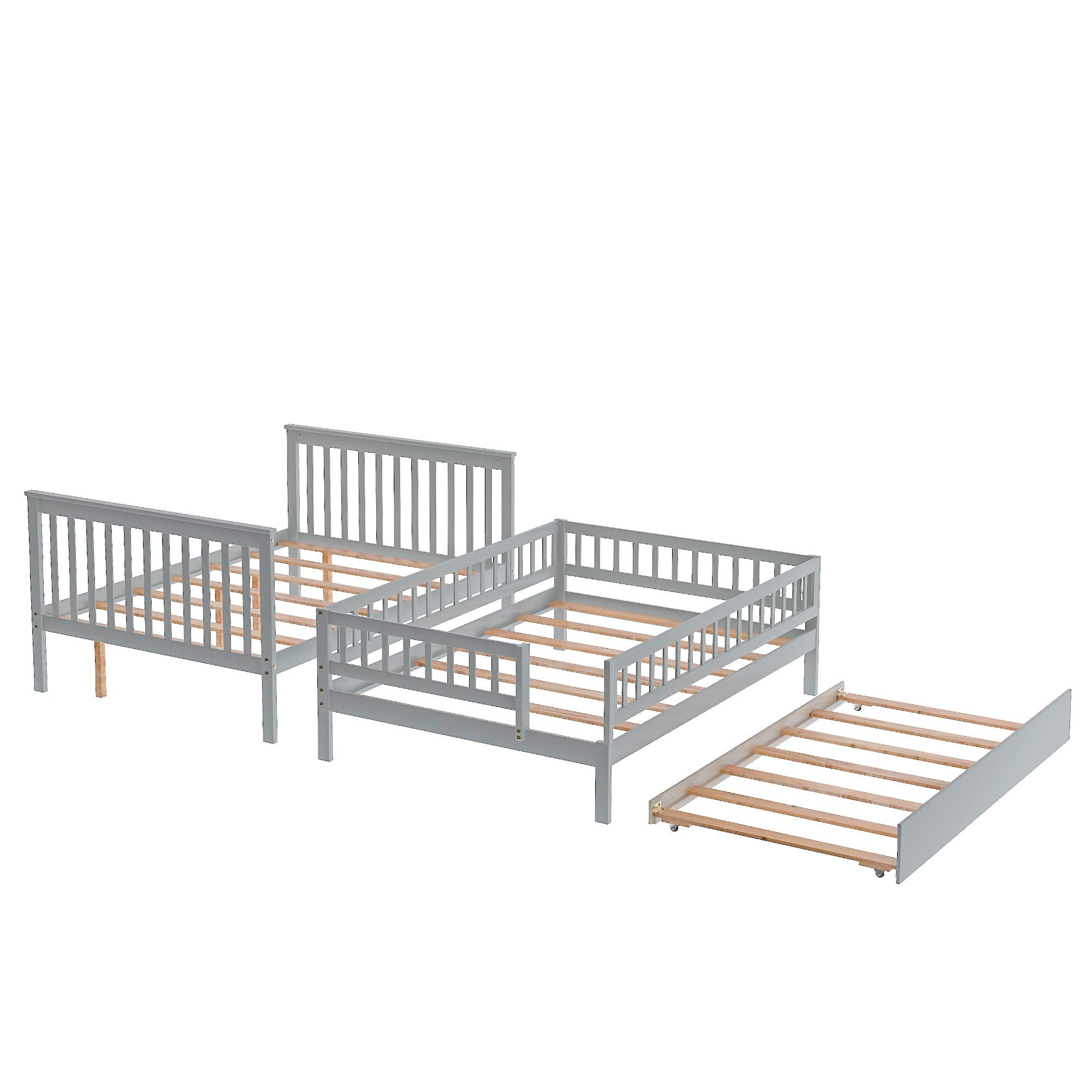 Gray Full Over Full Farmhouse Style Bunk Bed with Trundle and Staircase