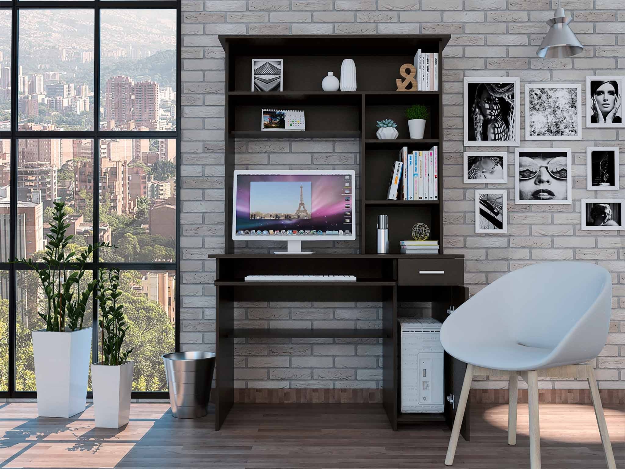 Zeno Black Computer Desk with Hutch