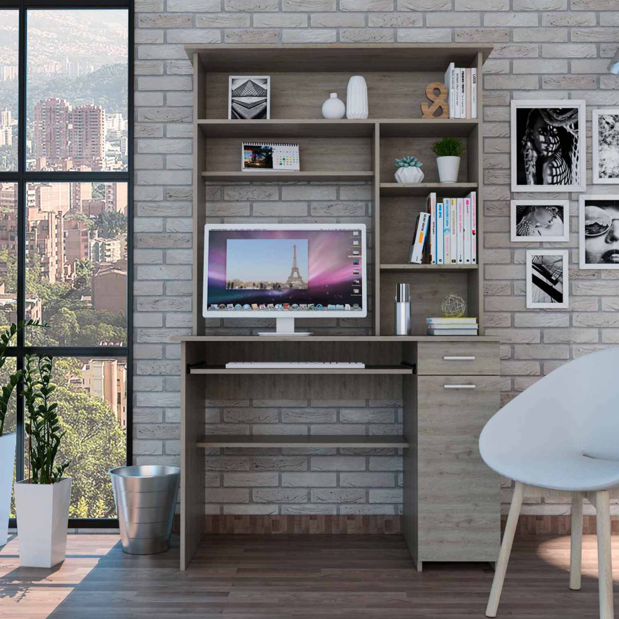 Zeno Light Gray Computer Desk with Hutch