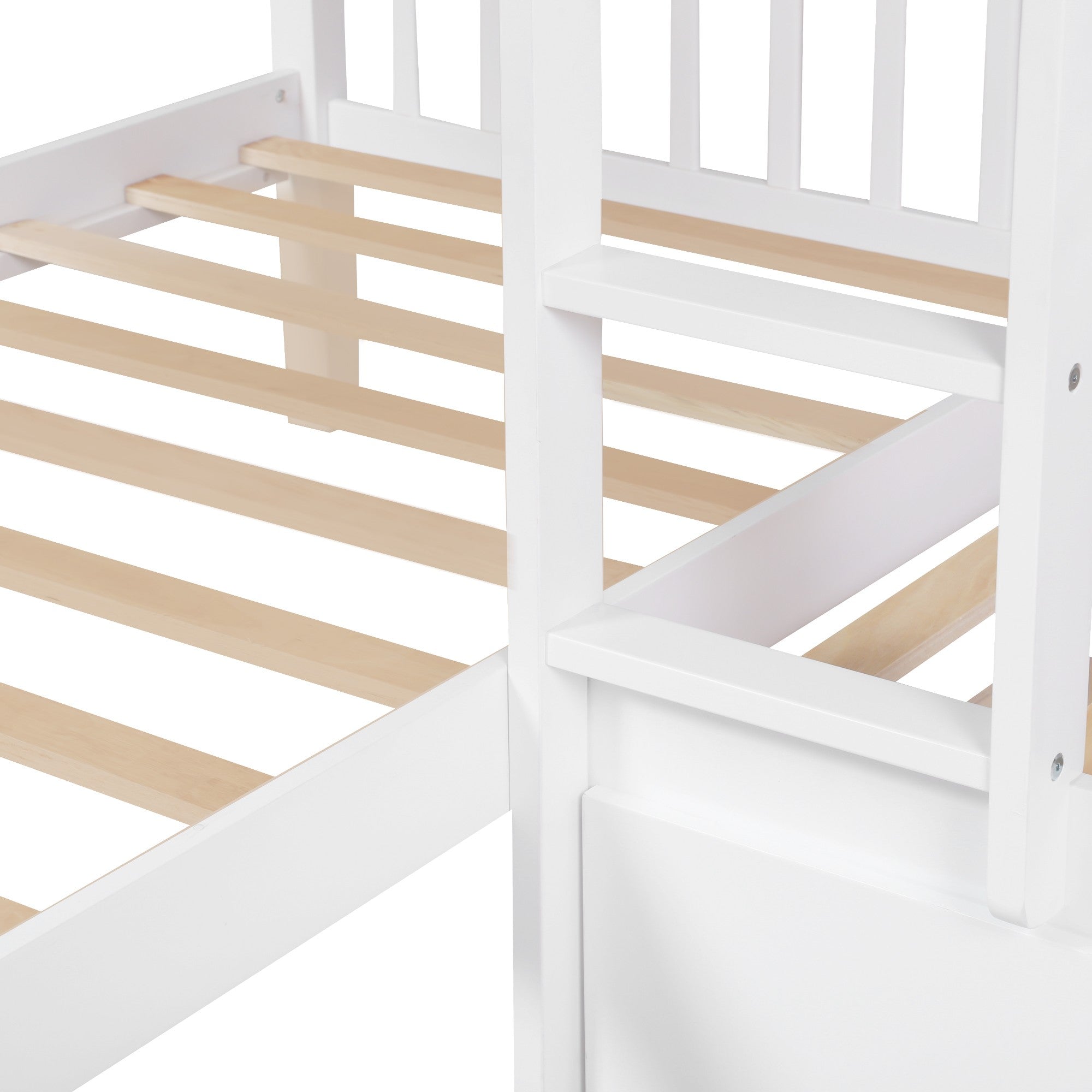 White Twin Size L Shaped Double Bunk Bed with Drawer