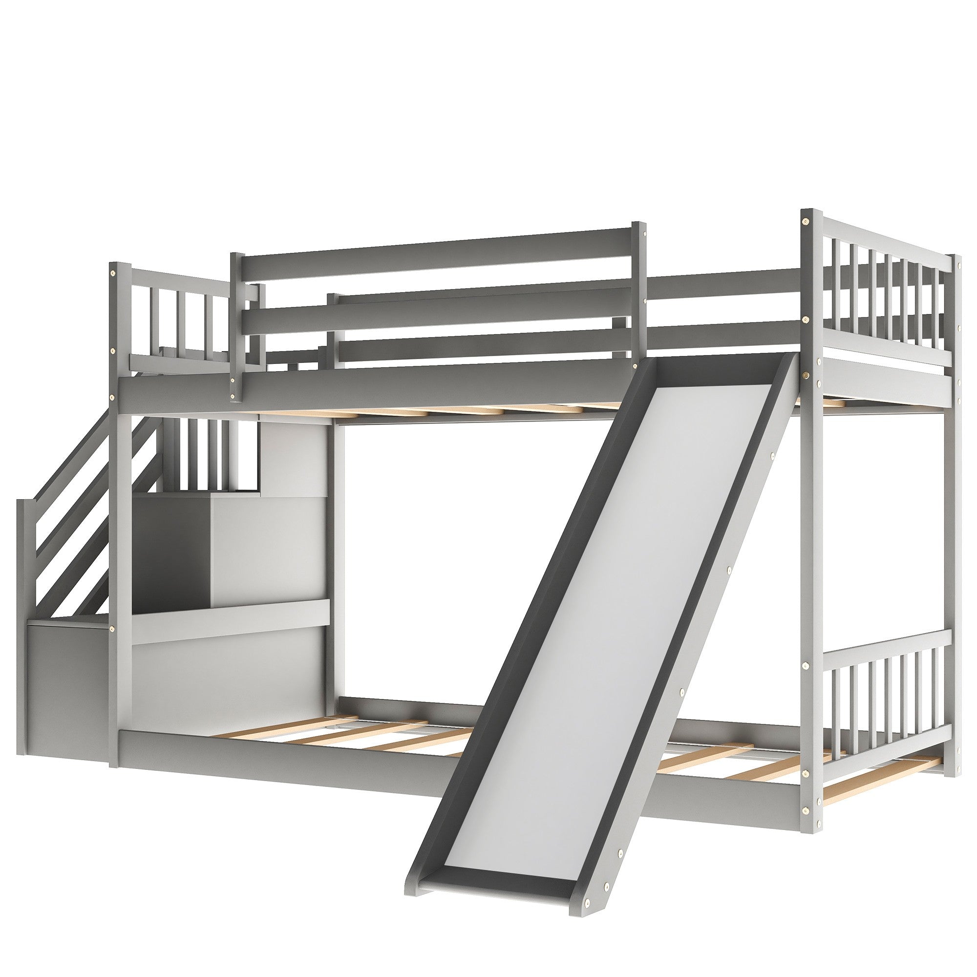 Gray Twin Over Twin Bunk Bed with Stairway and Slide