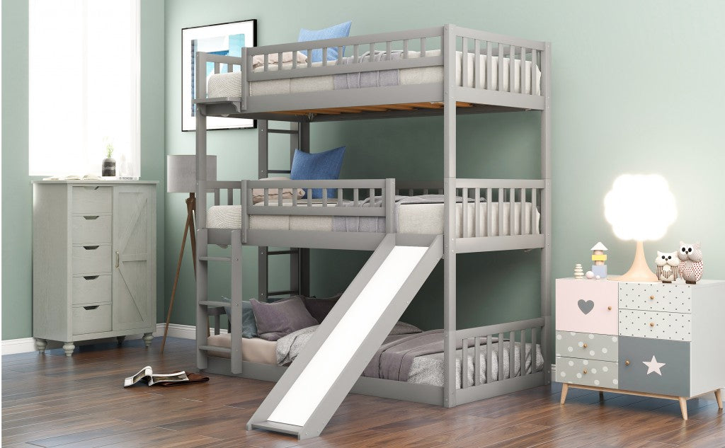 Gray Twin over Twin over Twin Contemporary Manufactured Wood and Solid Wood Bunk Bed