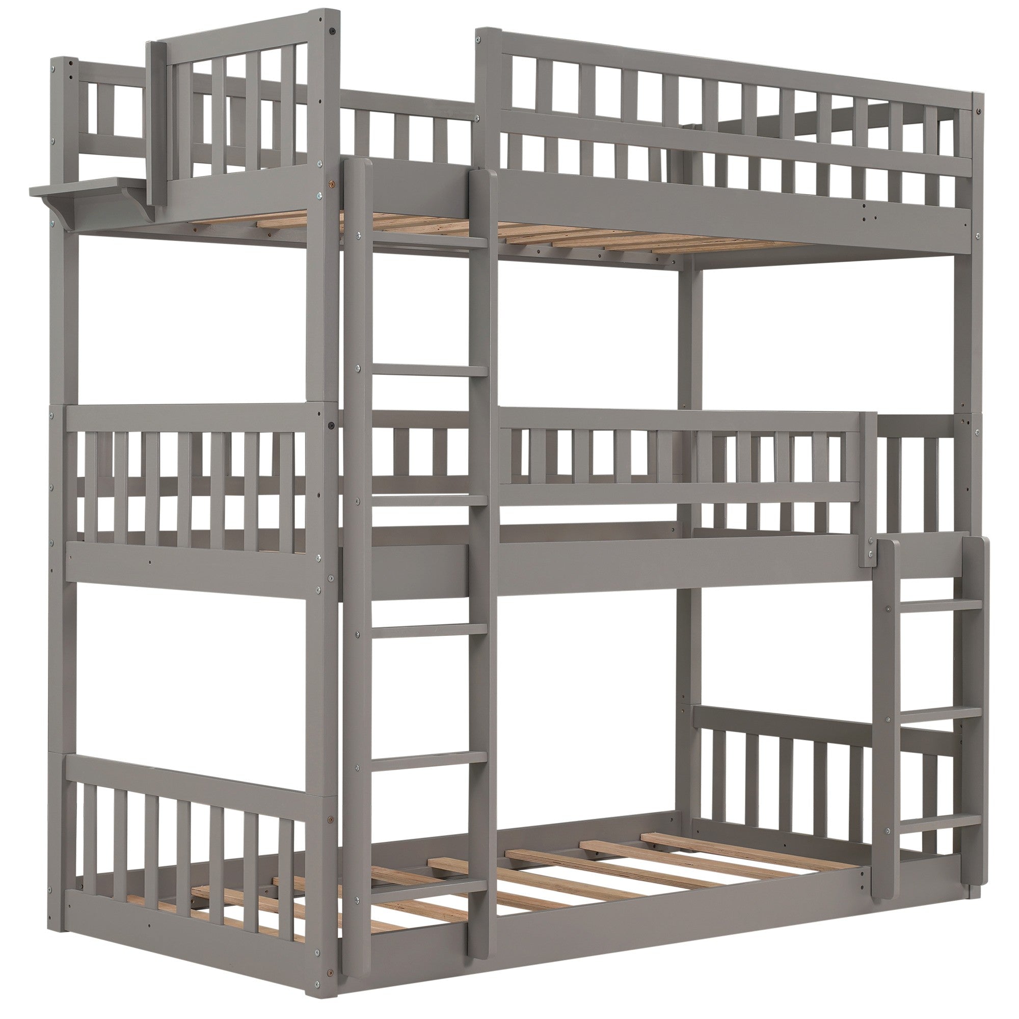 Gray Twin over Twin over Twin Contemporary Manufactured Wood and Solid Wood Bunk Bed
