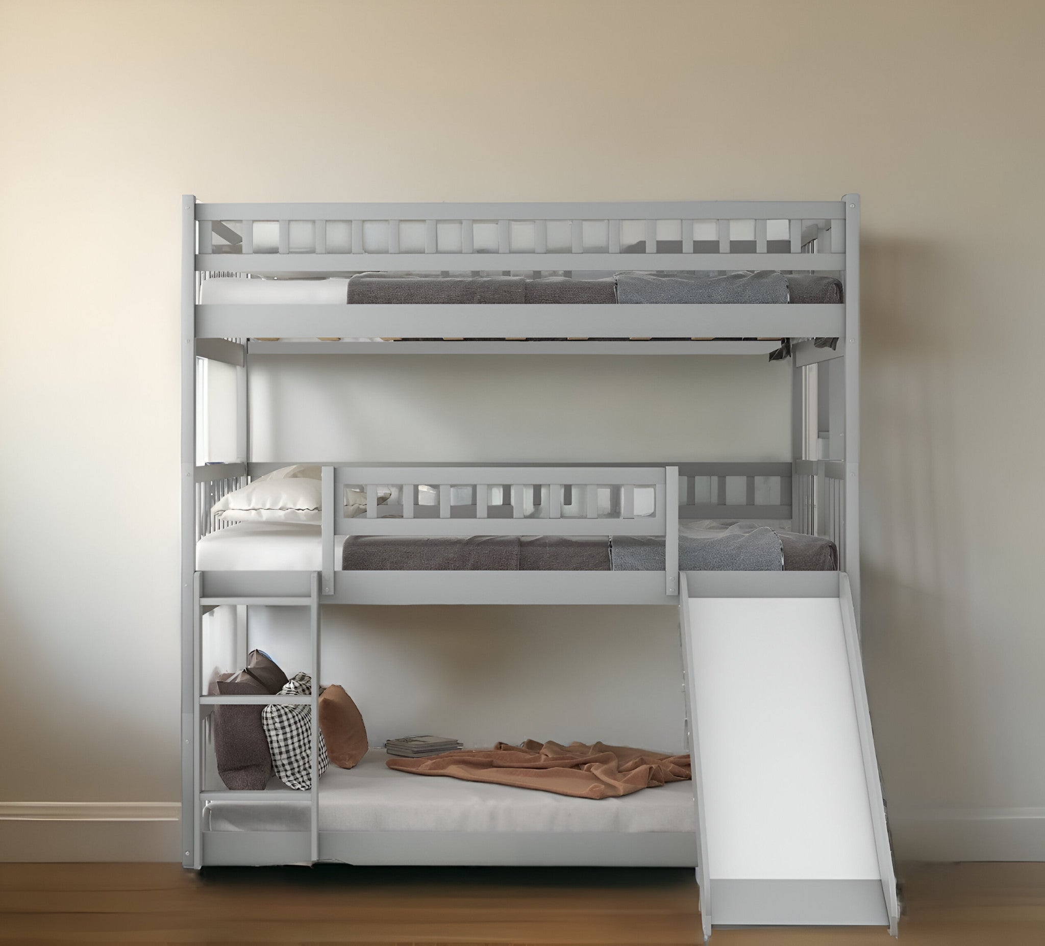 Gray Full Over Full Over Full Contemporary Bunk Bed With Slide