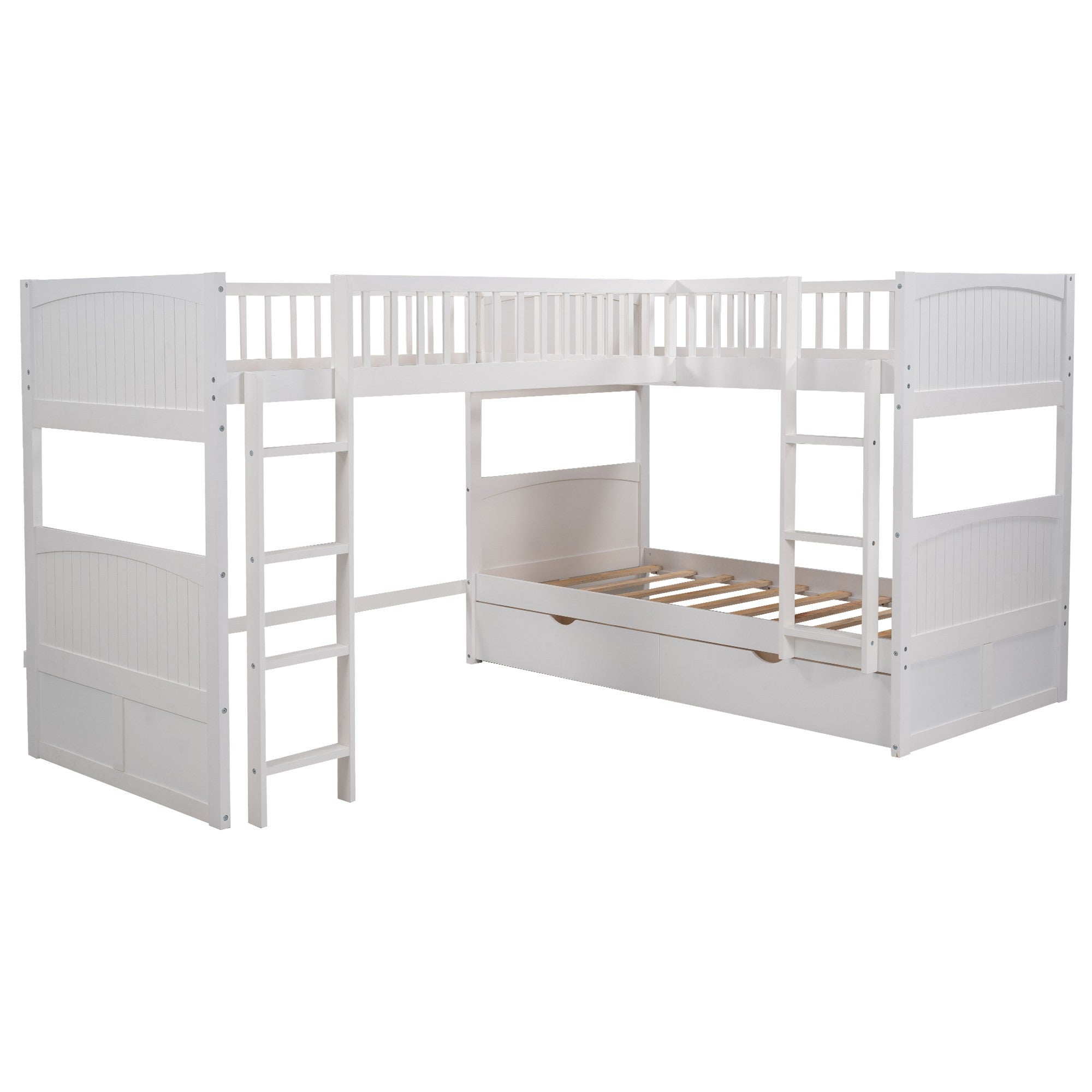 White Twin Size Bunk Bed with attached Loft Bed and Drawers