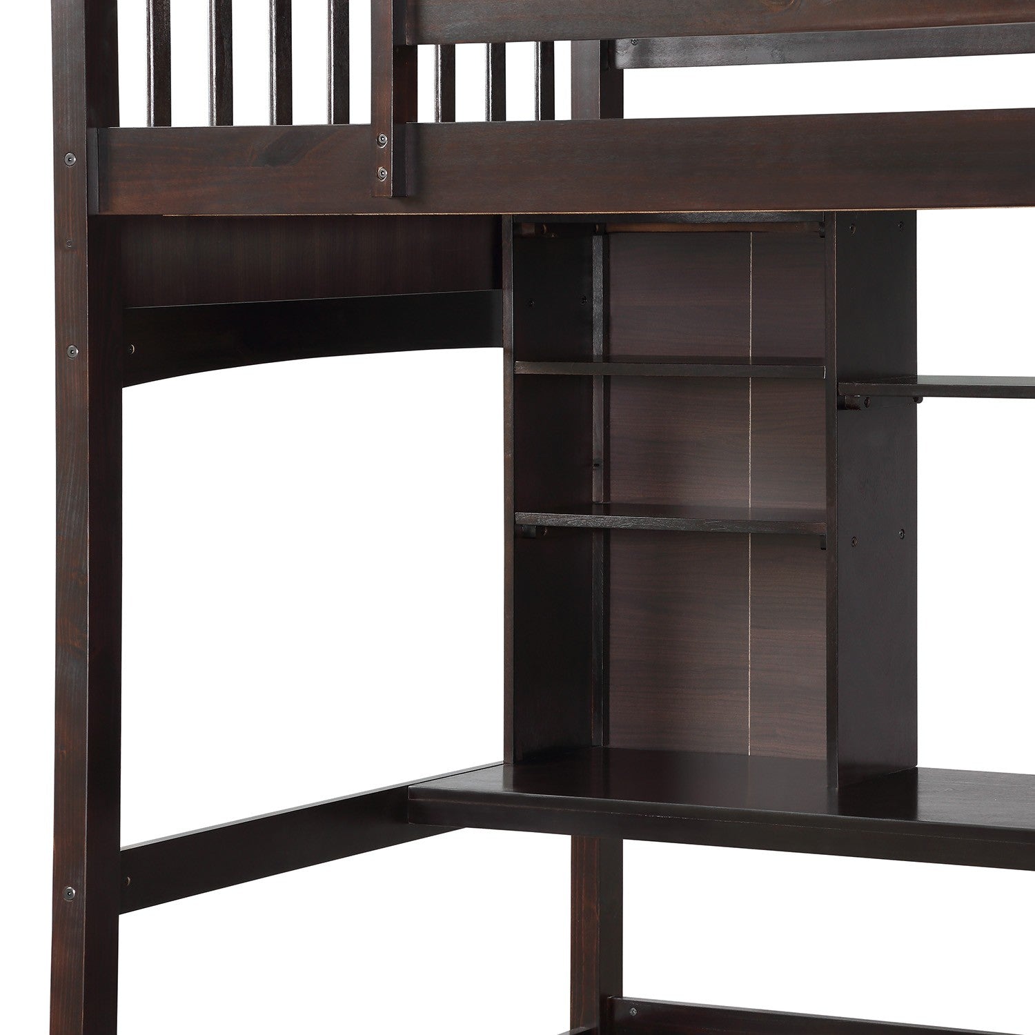 Brown Twin Size Loft Bed with Desk and Shelves