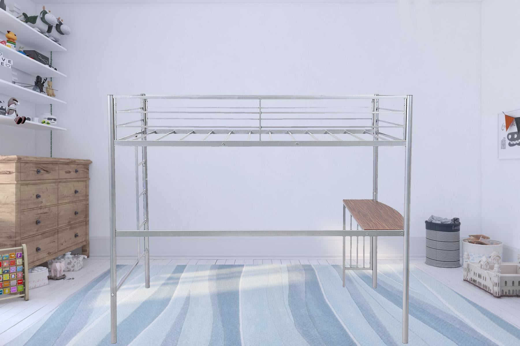 Silver Metal Twin Size Loft Bed with Desk