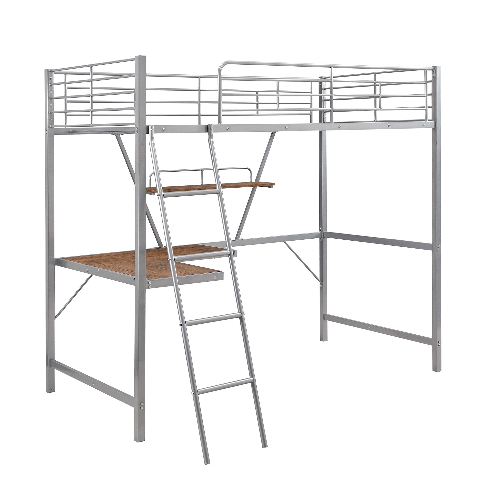 Silver Metal Loft Bed with L Shaped Desk and Shelf