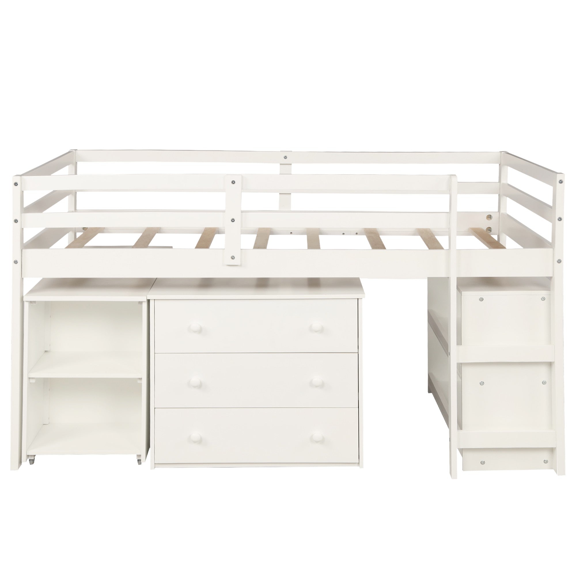 White Low Twin Loft Bed With Cabinet and Desk