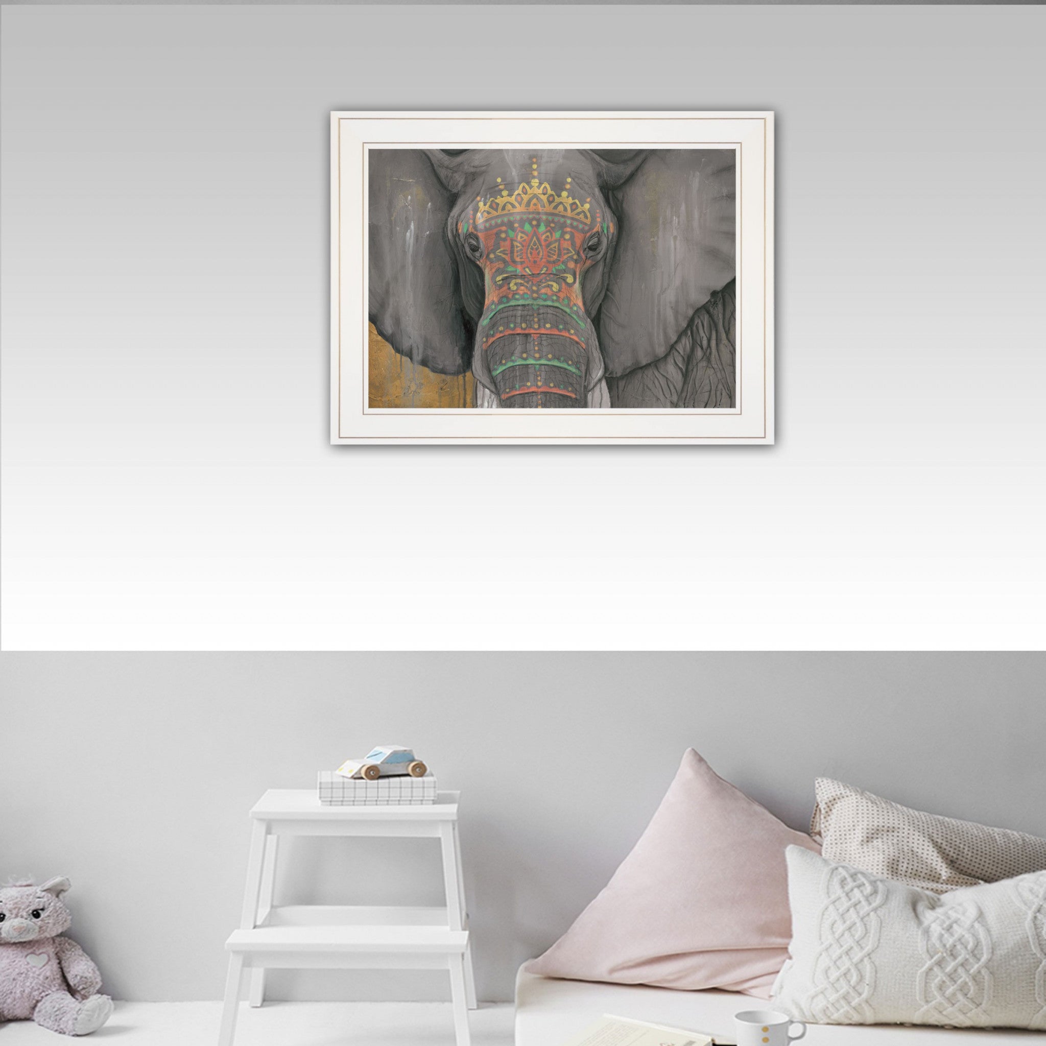 Tattooed Elephant 1 White Framed Print Wall Art