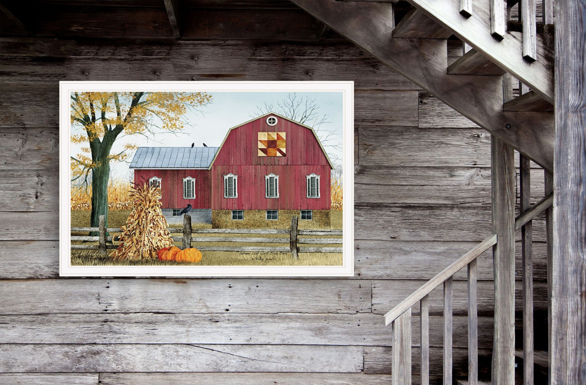 Autumn Leaf Quilt Block Barn 3 White Framed Print Wall Art