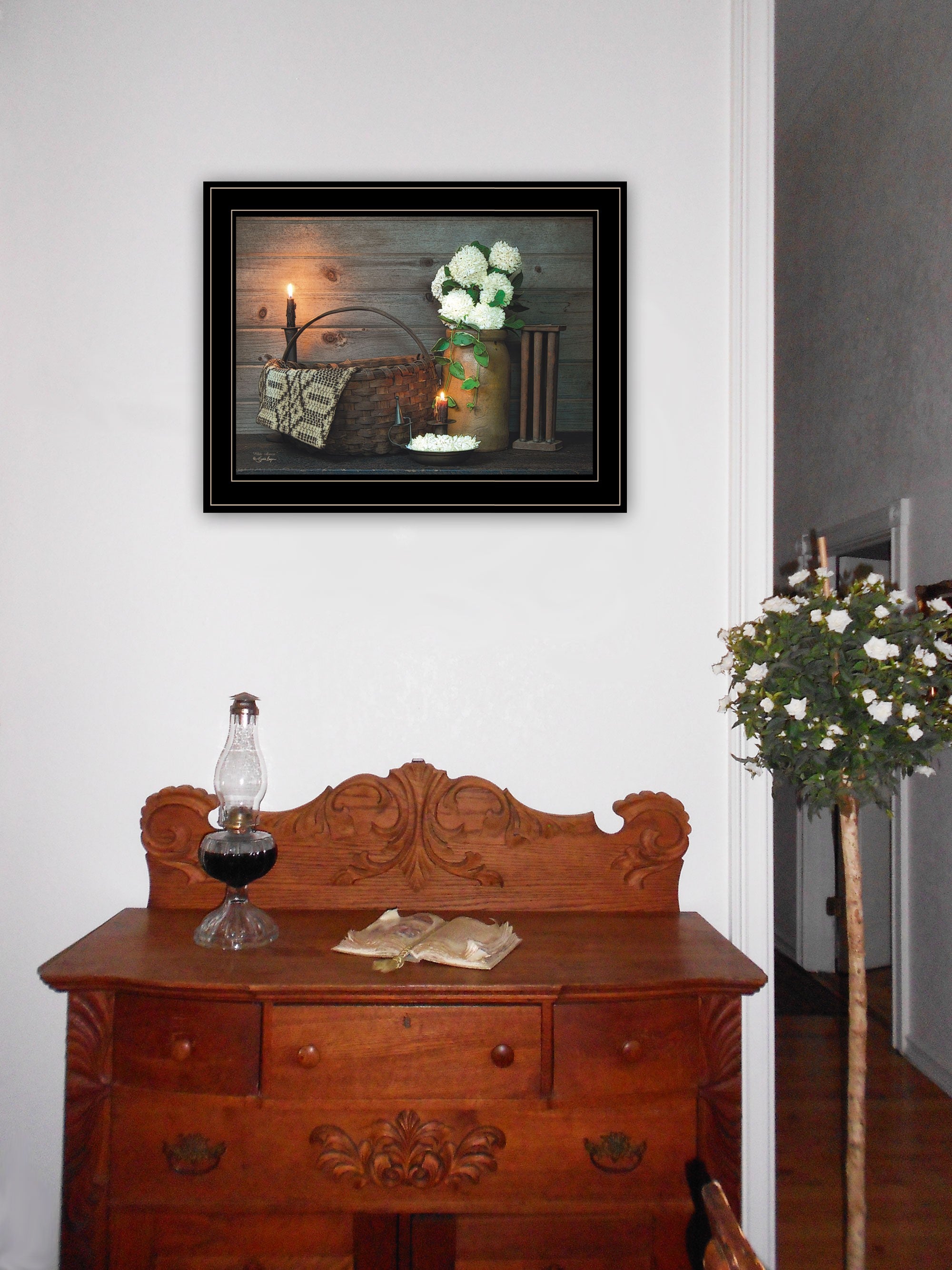 White Flowers 2 Black Framed Print Wall Art