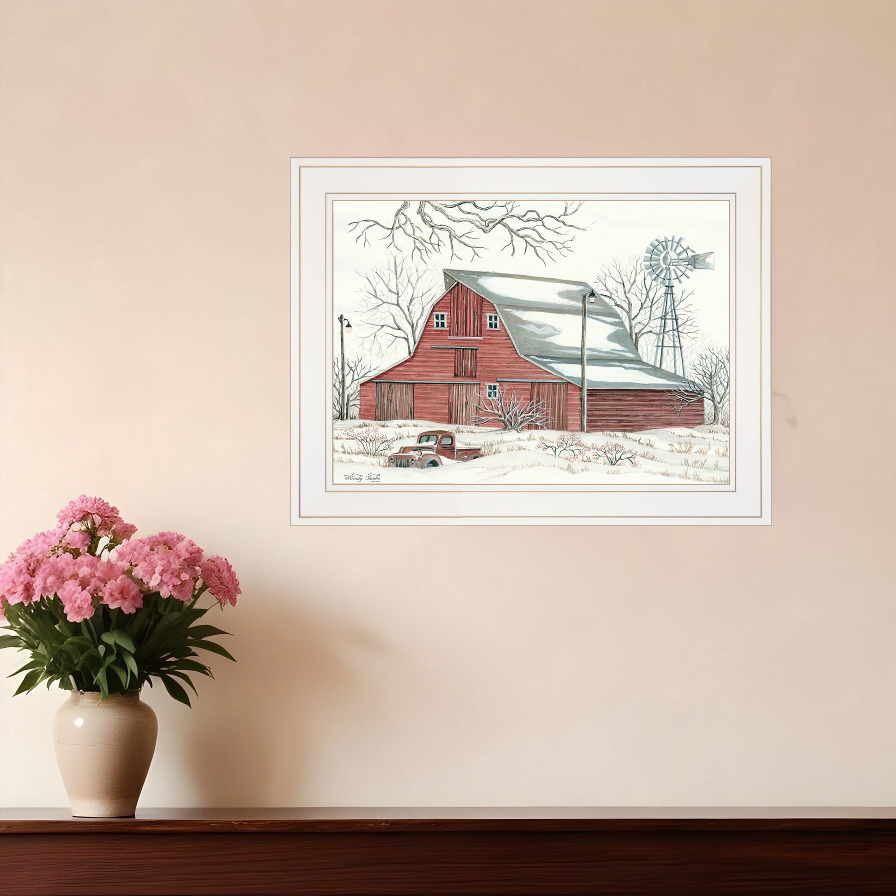 Winter Barn with Pickup Truck 1 White Framed Print Wall Art