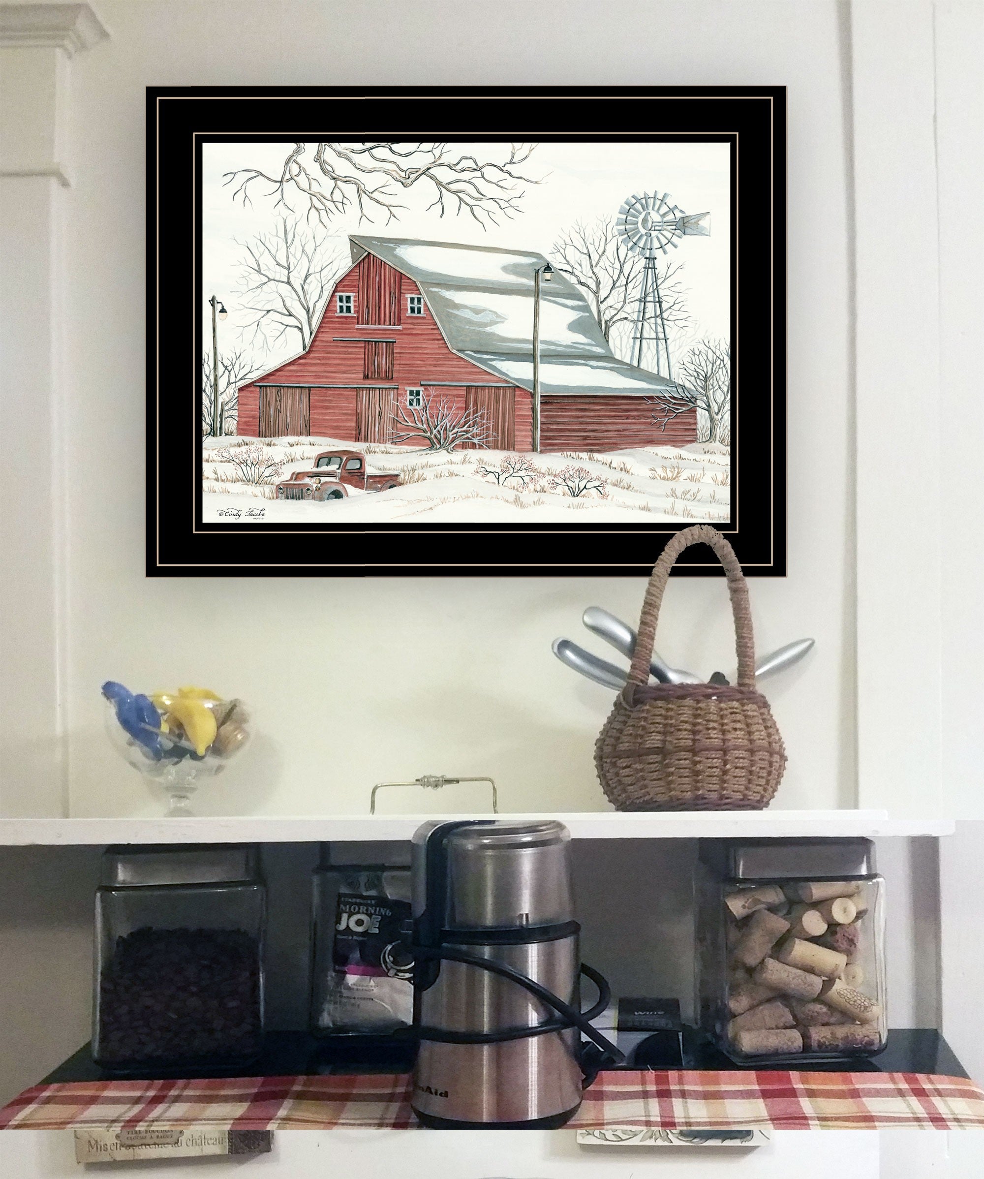 Winter Barn with Pickup Truck 2 Black Framed Print Wall Art