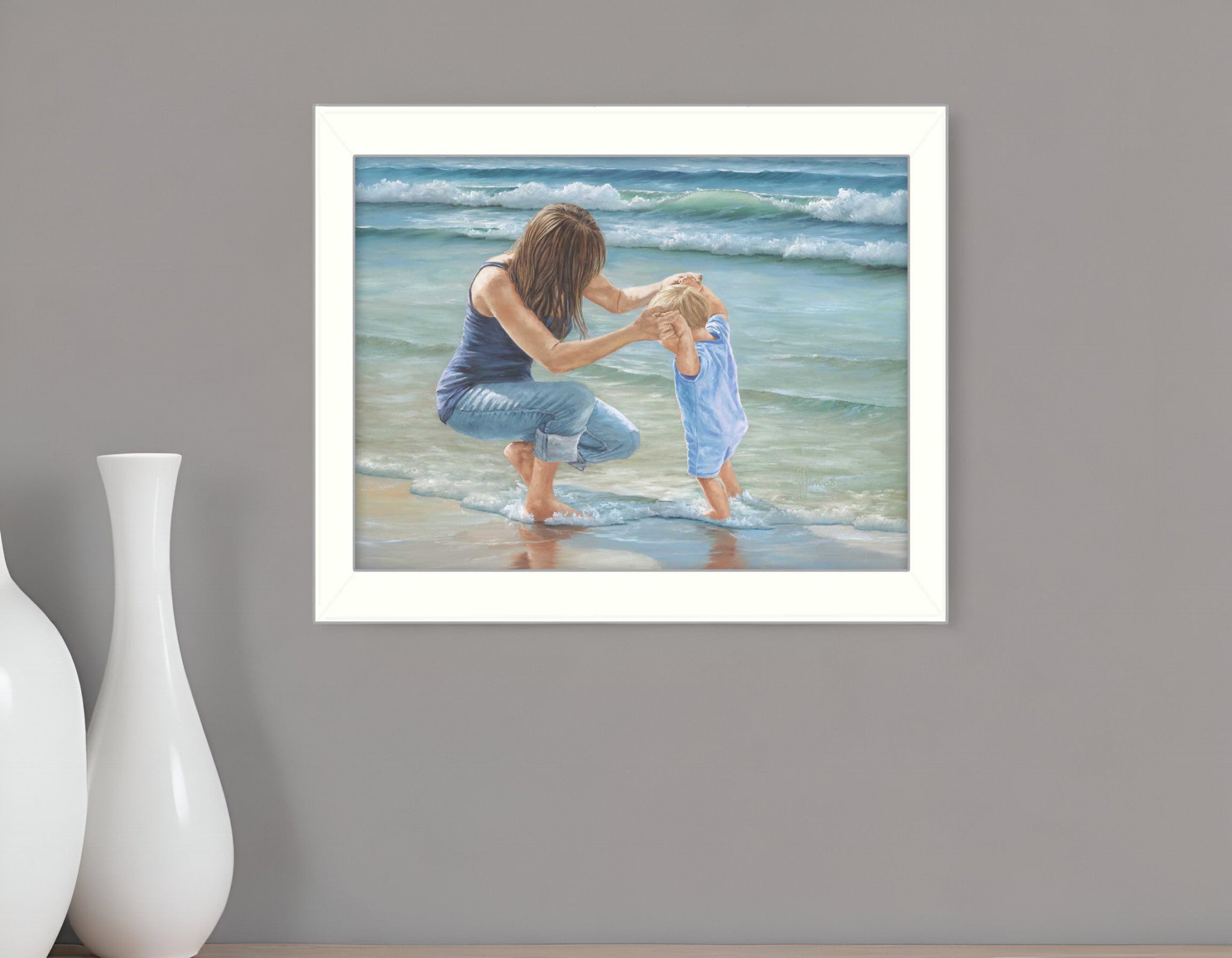 Playing in the Water White Framed Print Wall Art