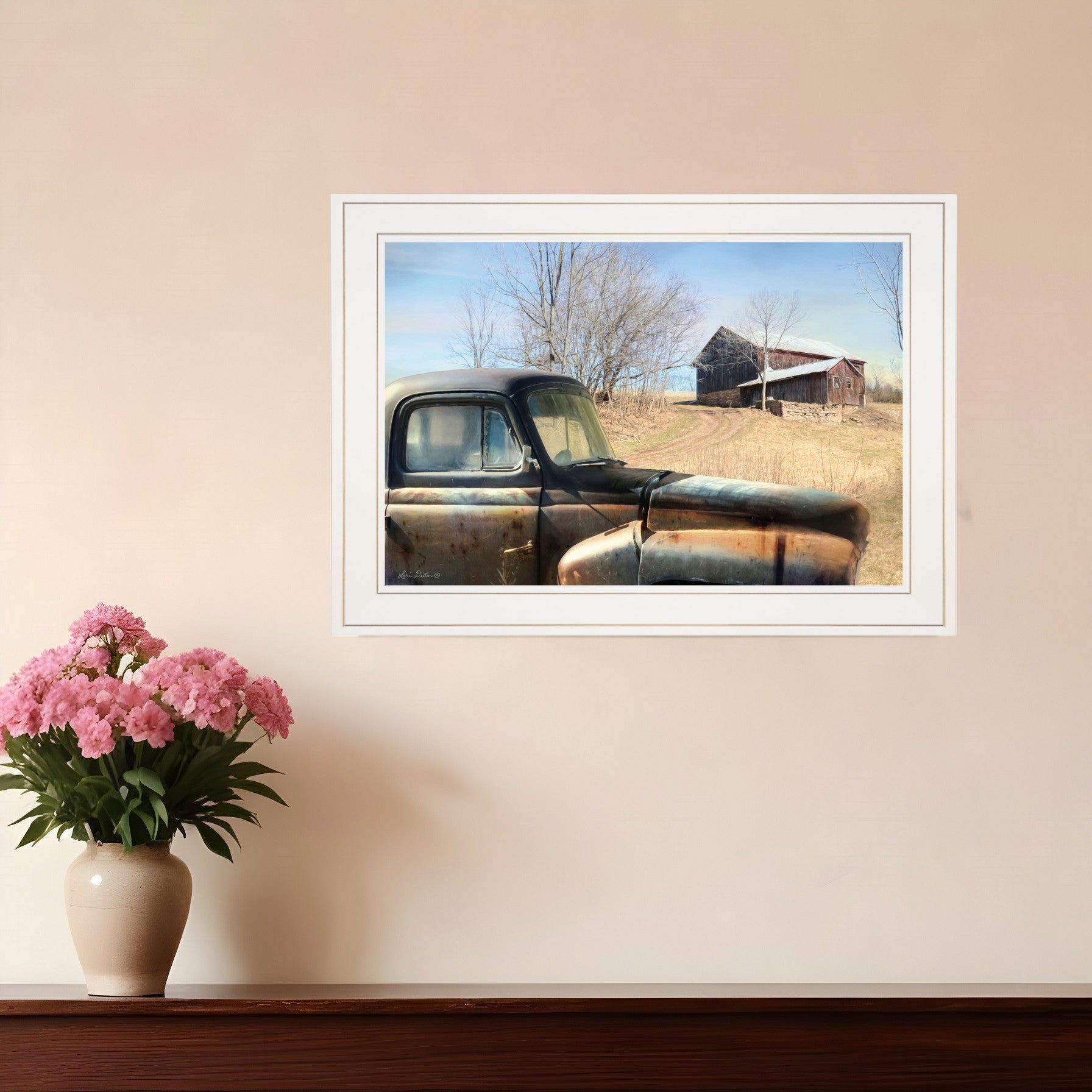 Vintage Farm Trucks 1 White Framed Print Wall Art