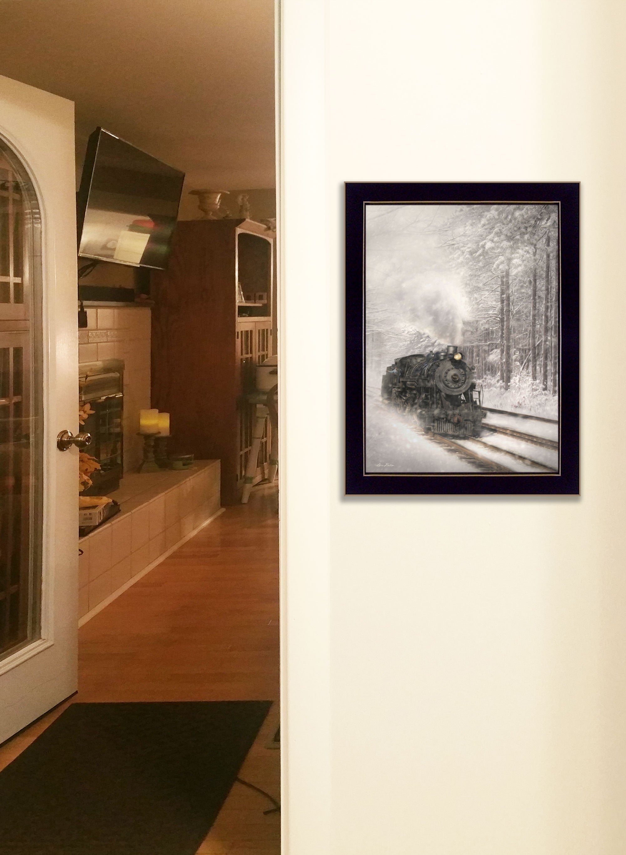 Snowy Locomotive 1 Black Framed Print Wall Art