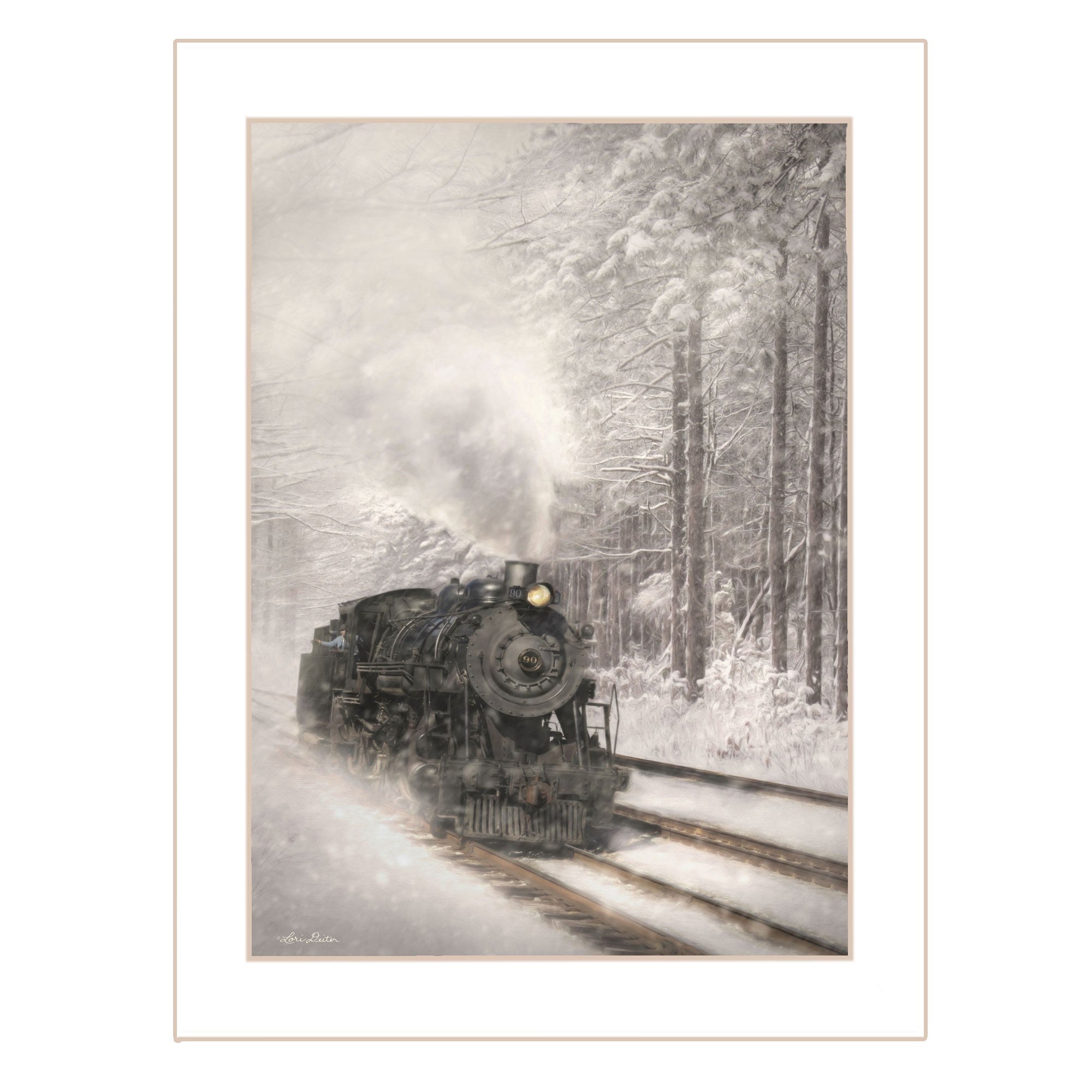 Snowy Locomotive 2 White Framed Print Wall Art