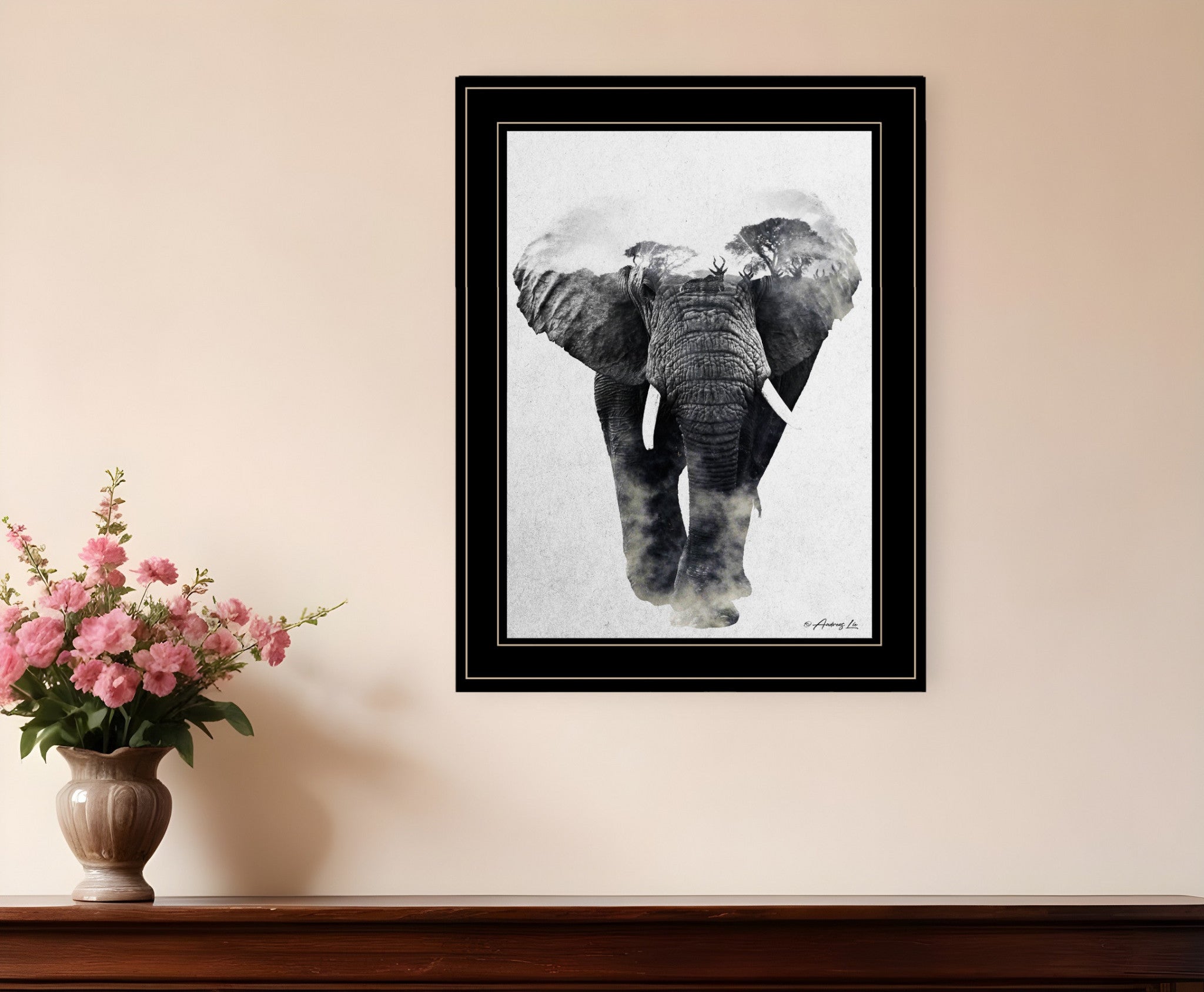 Elephant Walk 2 Black Framed Print Wall Art