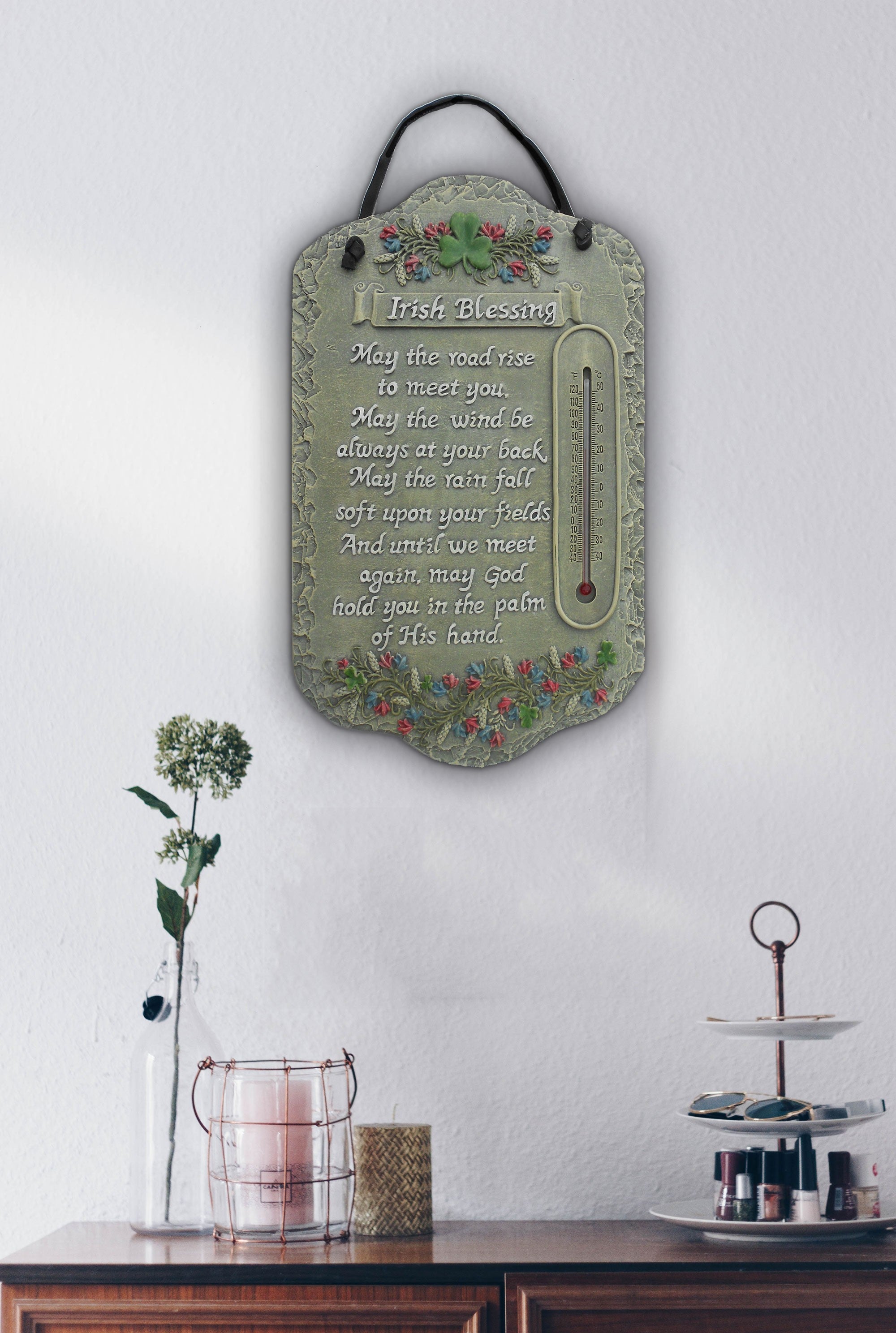 13" X 8" Slate Grey Floral Irish Blessing Thermometer Polyresin Wall Decor