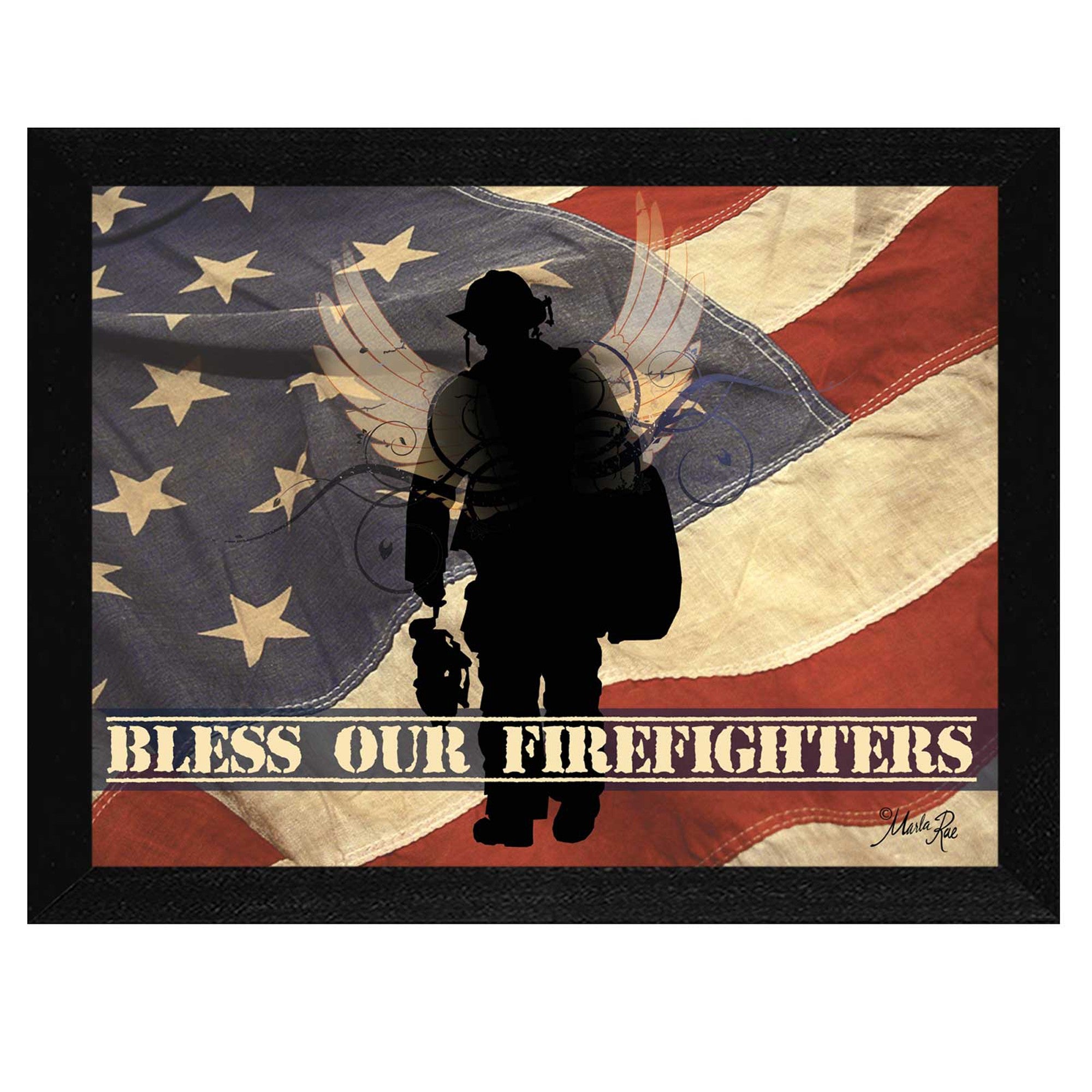 Bless our Firefighters Black Framed Print Wall Art