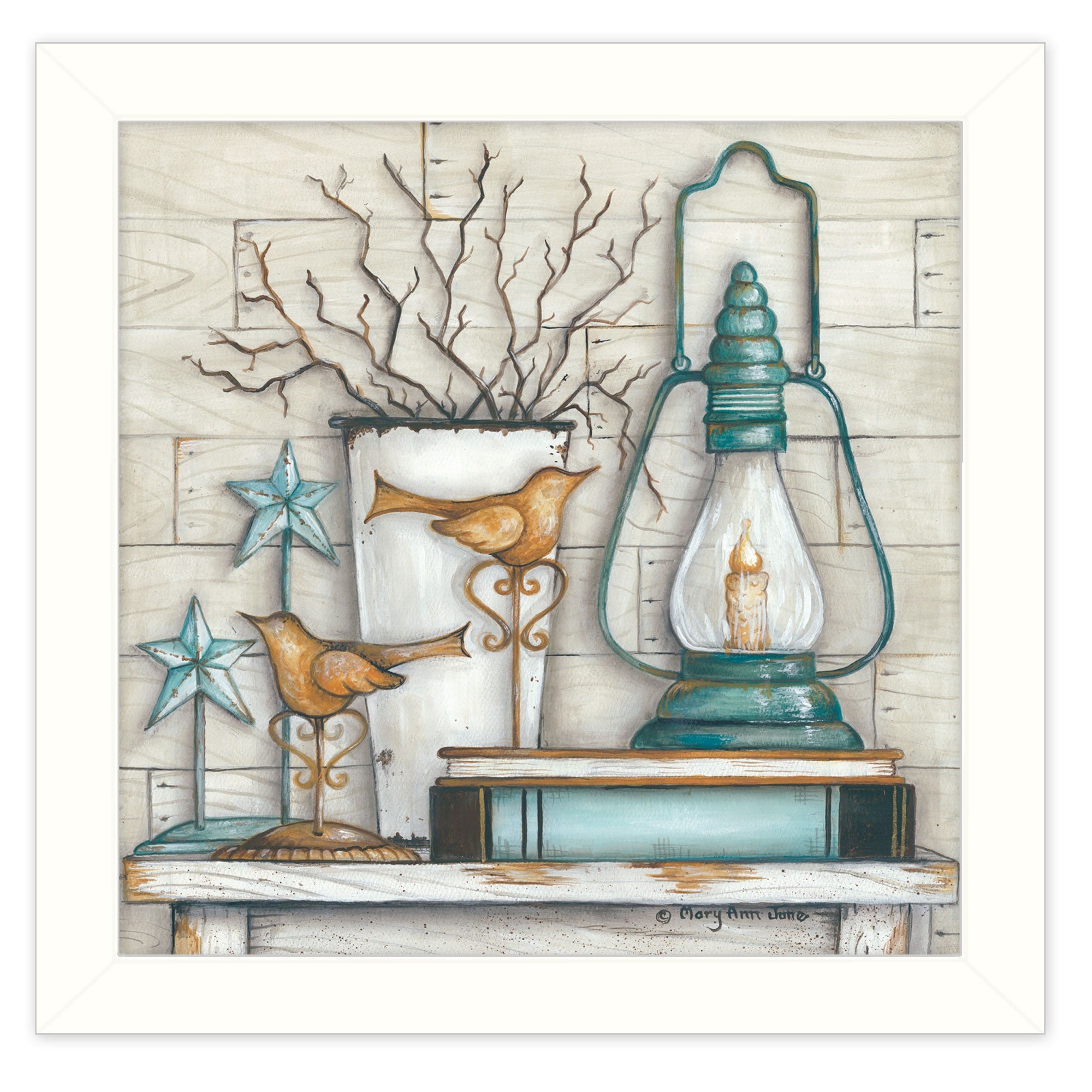 Lantern on Books 2 White Framed Print Wall Art