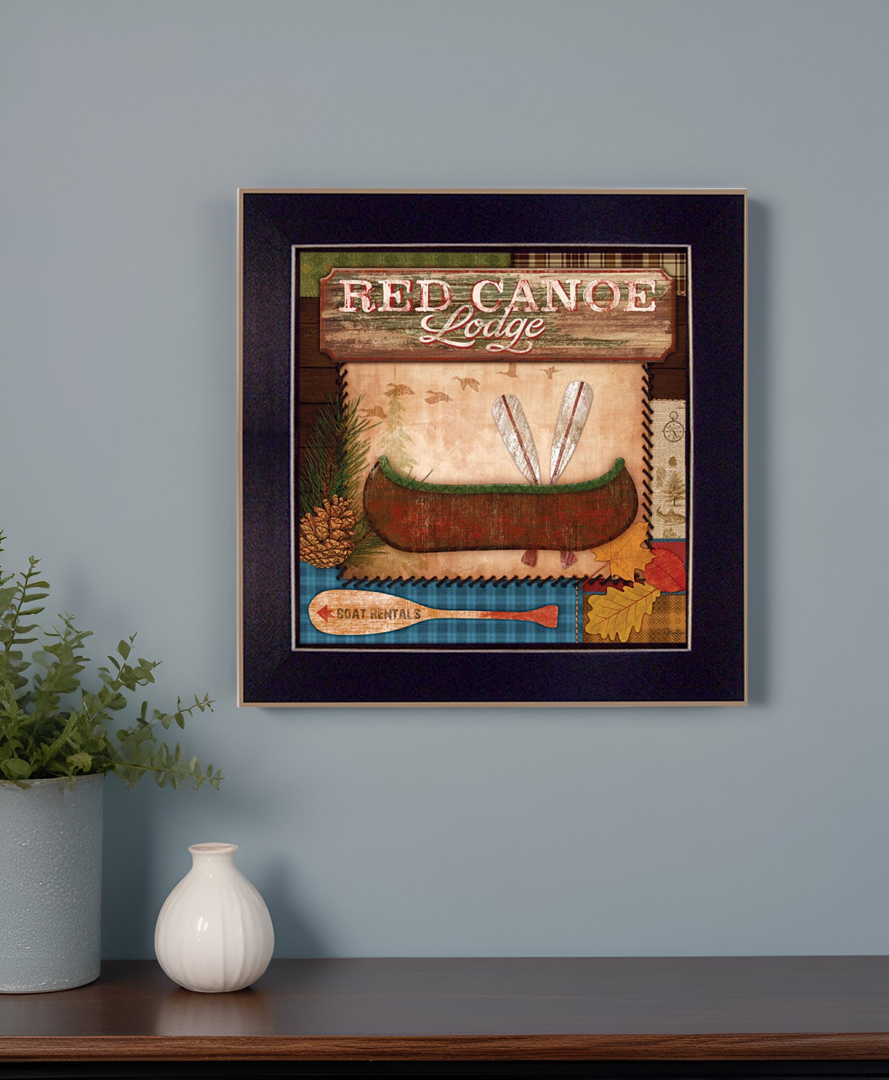 Red Canoe Lodge 1 Black Framed Print Wall Art