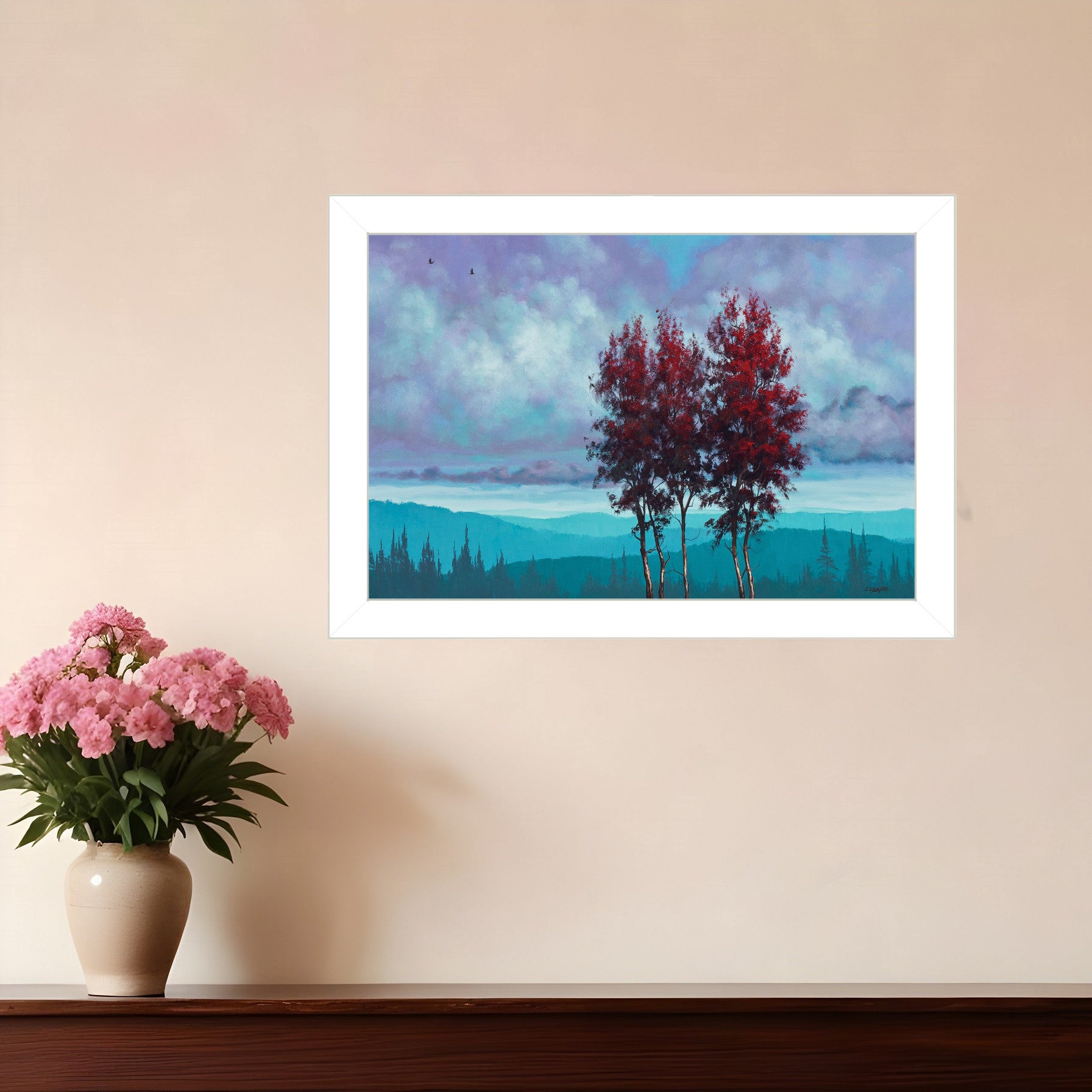 Two Red Trees 1 White Framed Print Wall Art