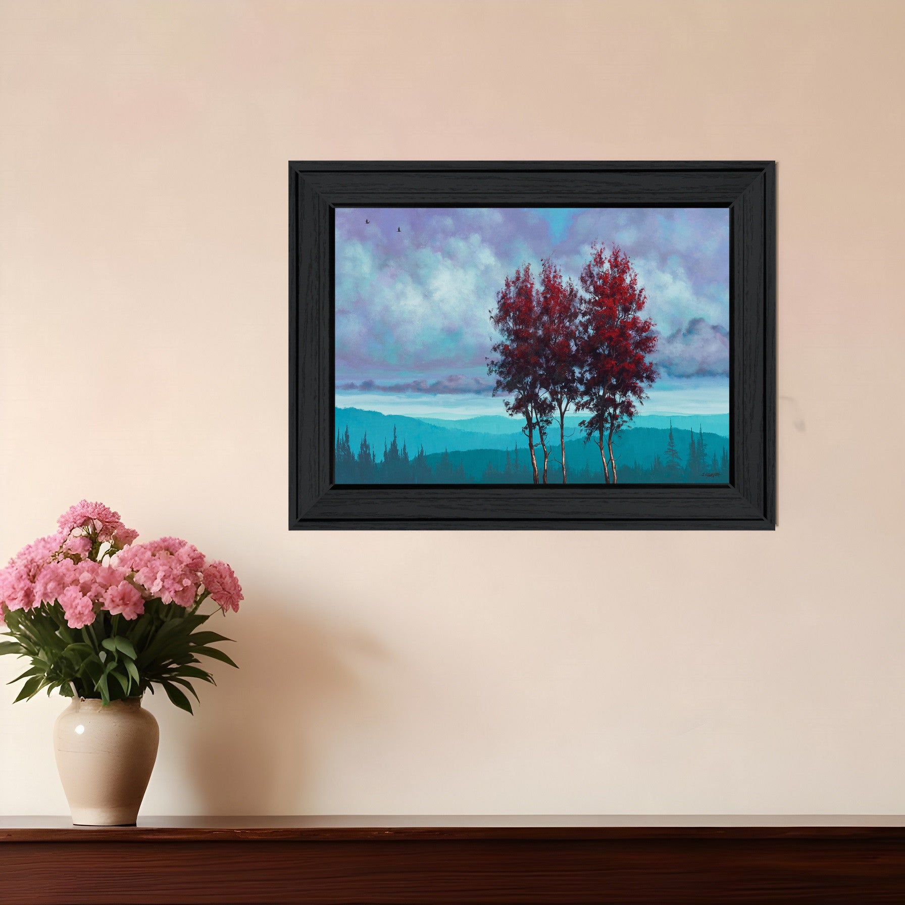 Two Red Trees 2 Black Framed Print Wall Art