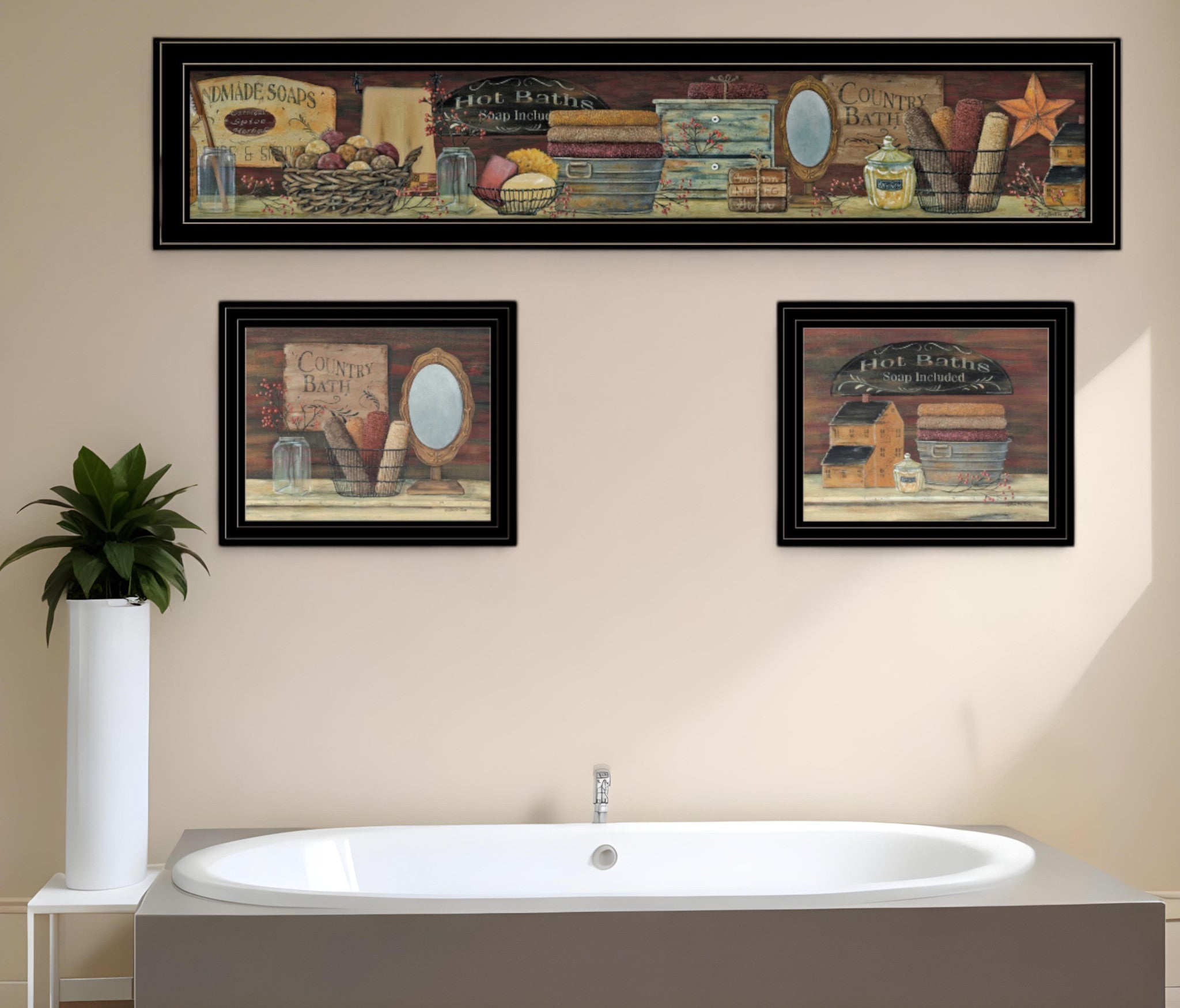 Set Of Three COUNTRY BATH II 5 Black Framed Print Bathroom Wall Art