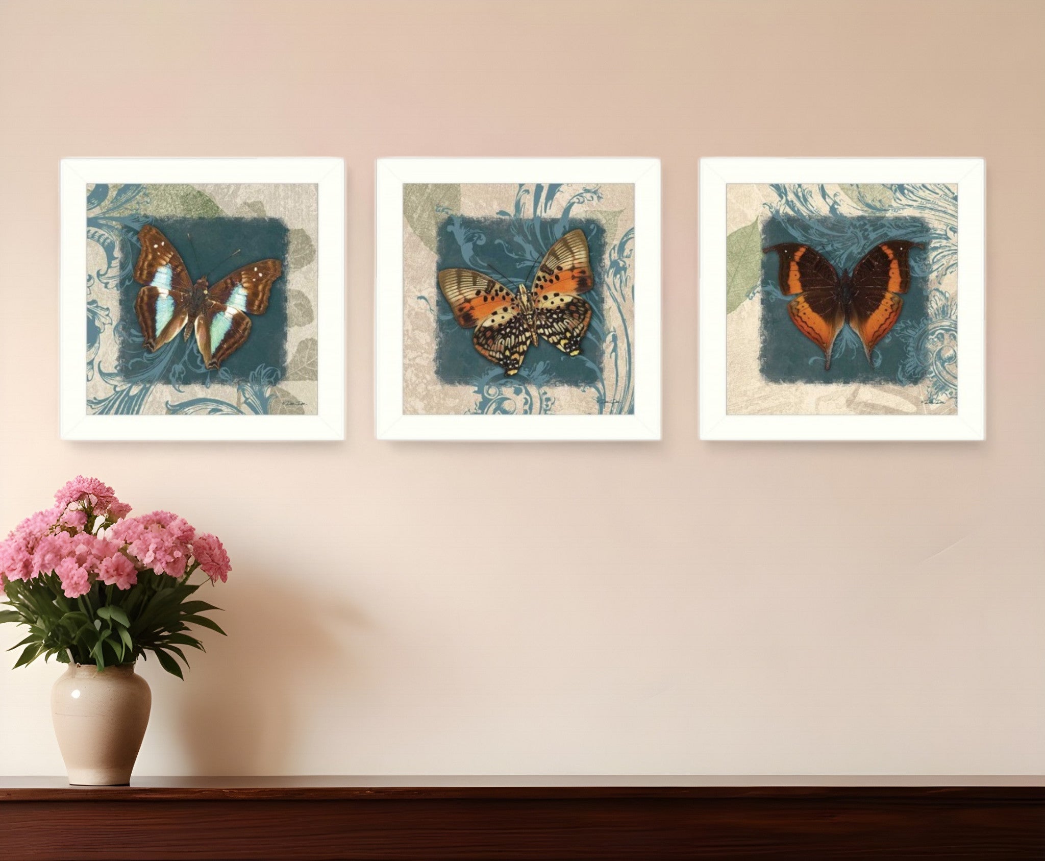 Set Of Three Butterflies White Framed Print Wall Art