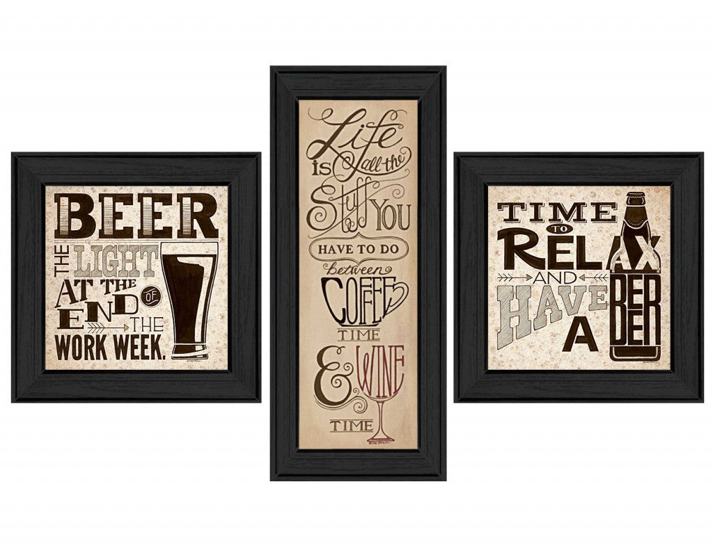 Set Of Three Beer Time Black Framed Print Wall Art