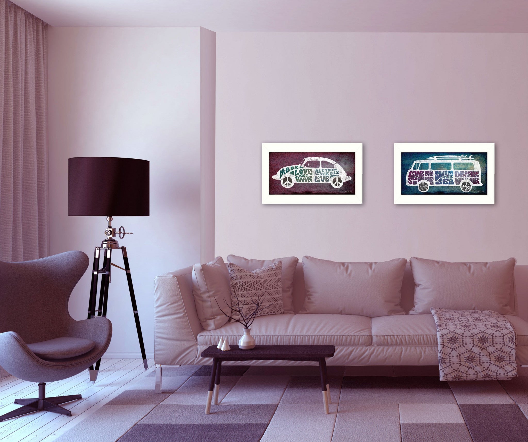 Set Of Two Retro White Framed Print Wall Art