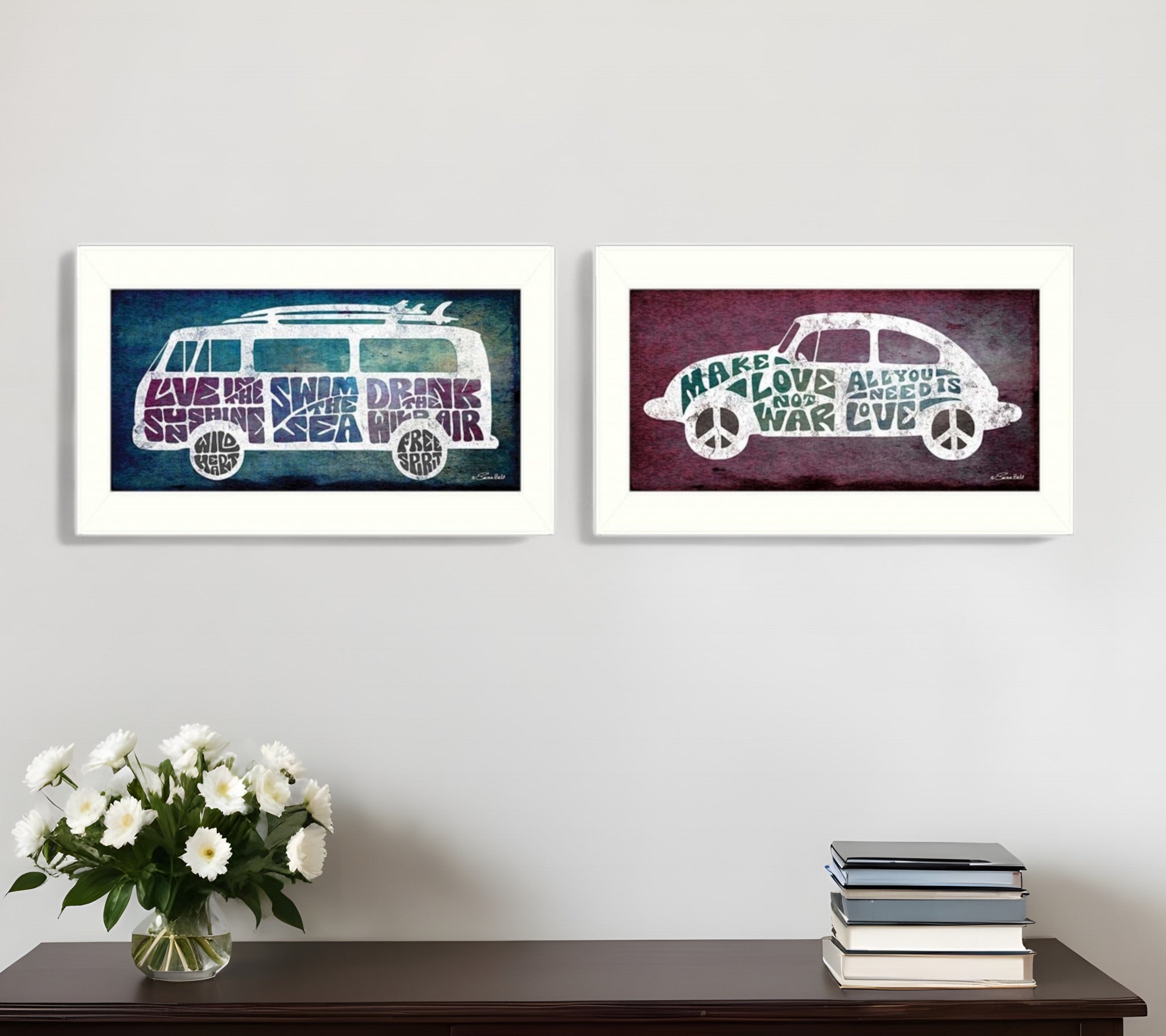 Set Of Two Retro White Framed Print Wall Art