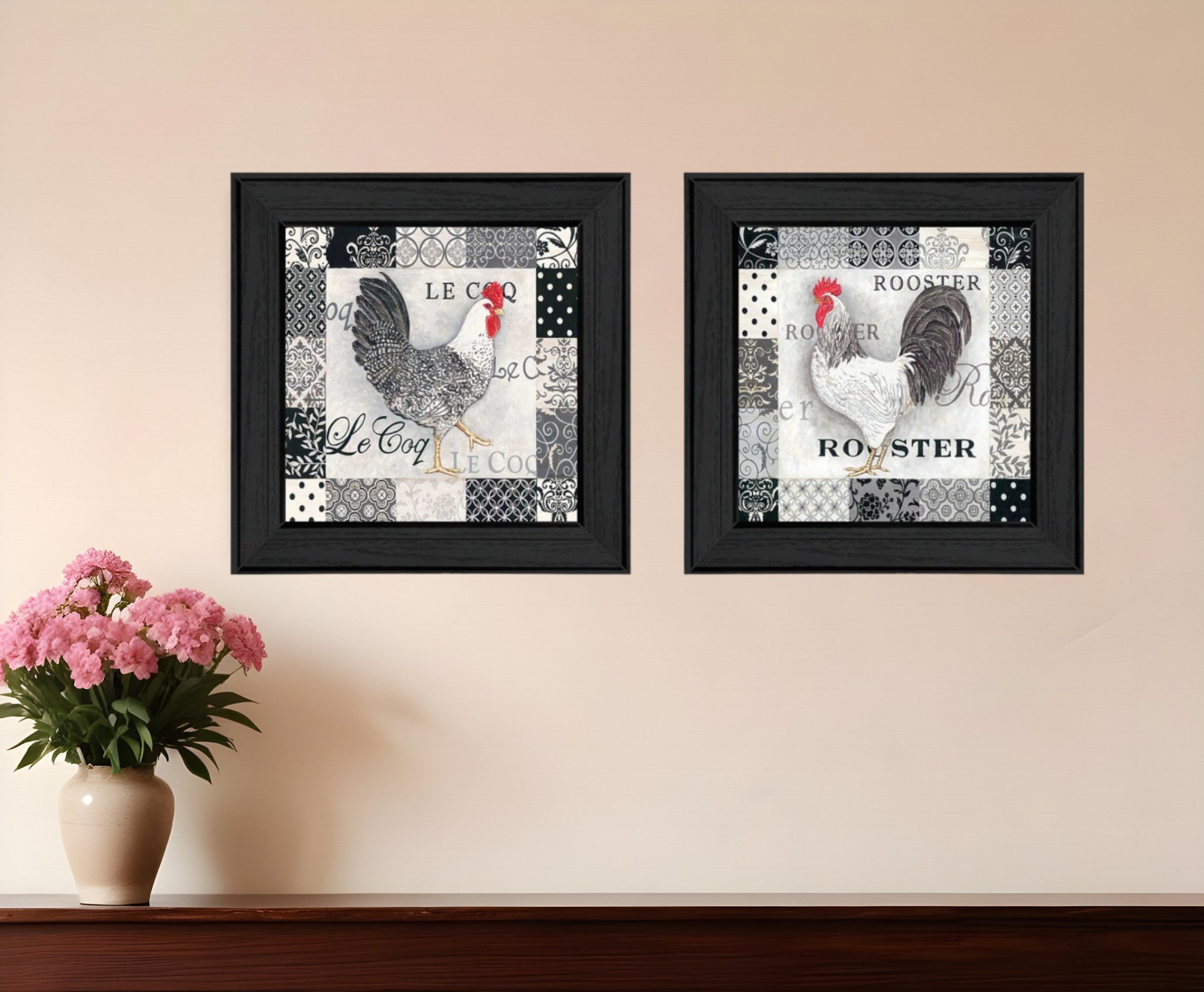 Set Of Two Rooster I Black Framed Print Wall Art