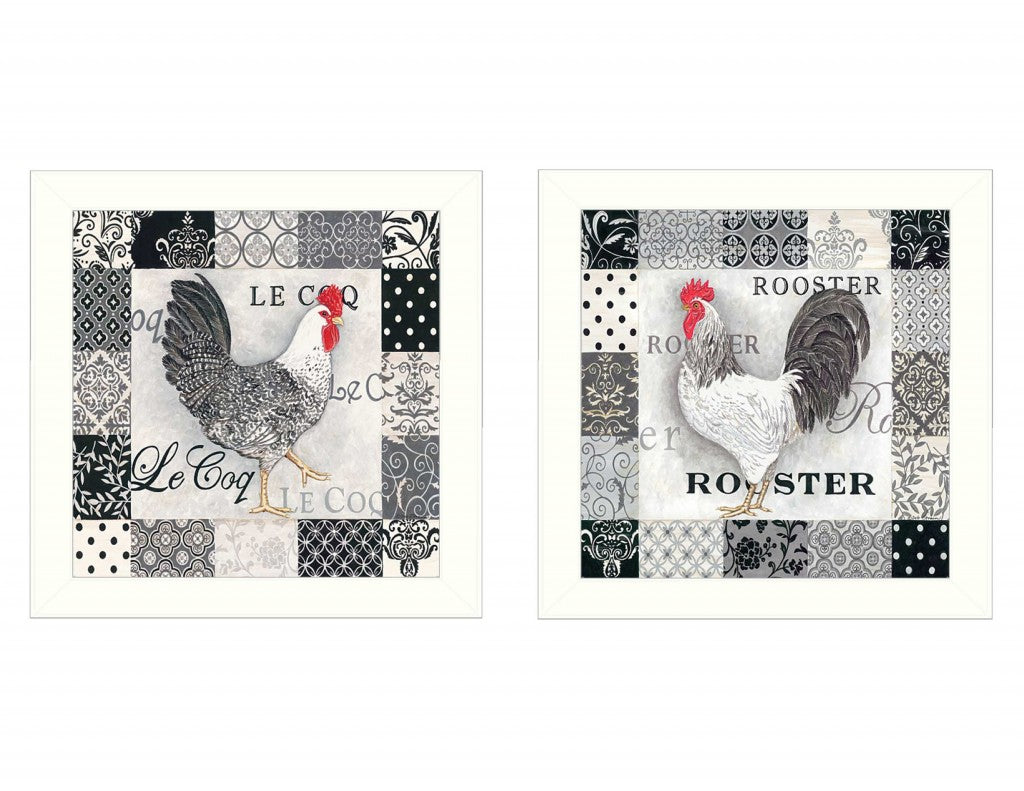 Set Of Two Black And White Rooster White Framed Print Wall Art