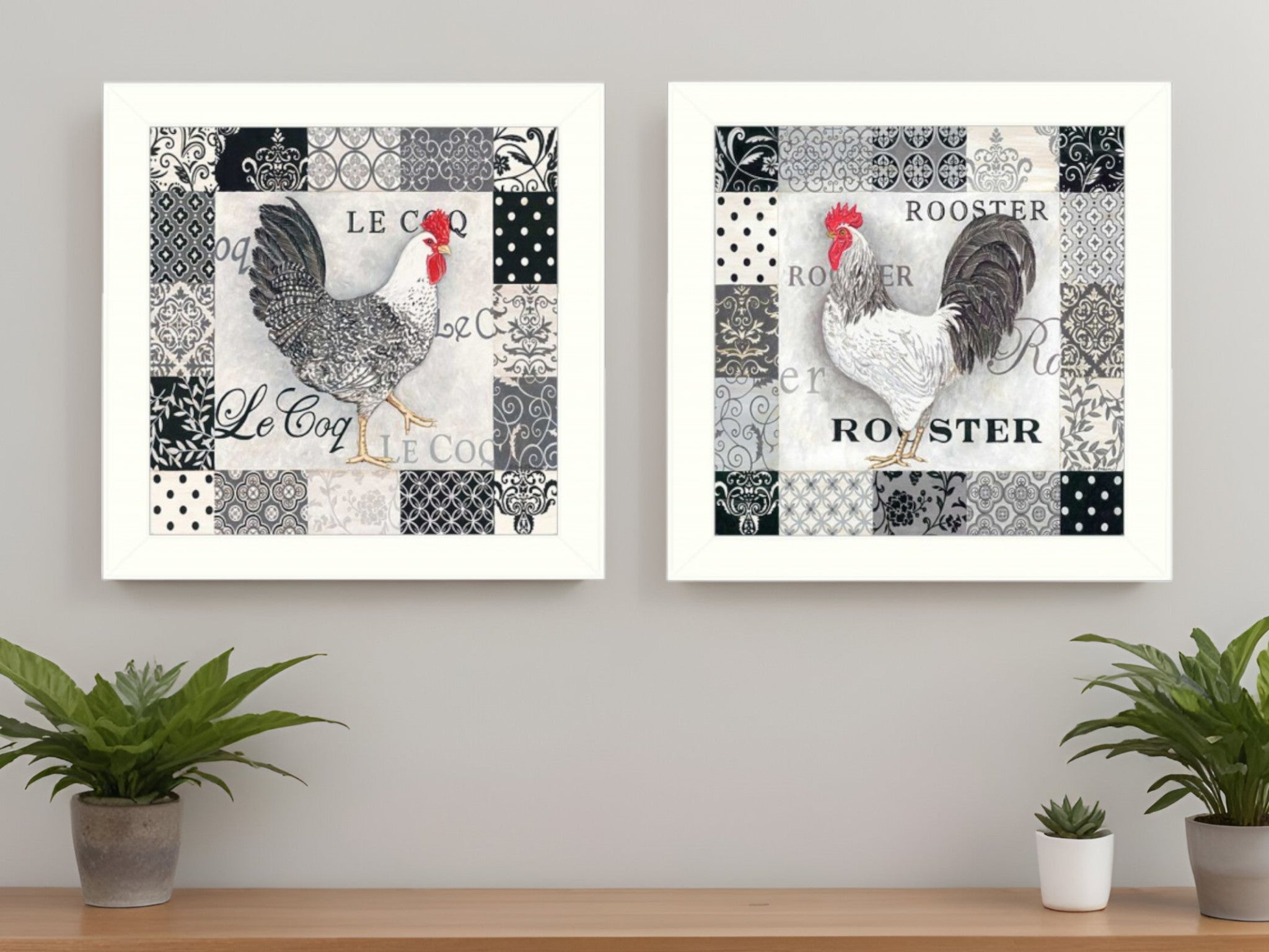 Set Of Two Black And White Rooster White Framed Print Wall Art