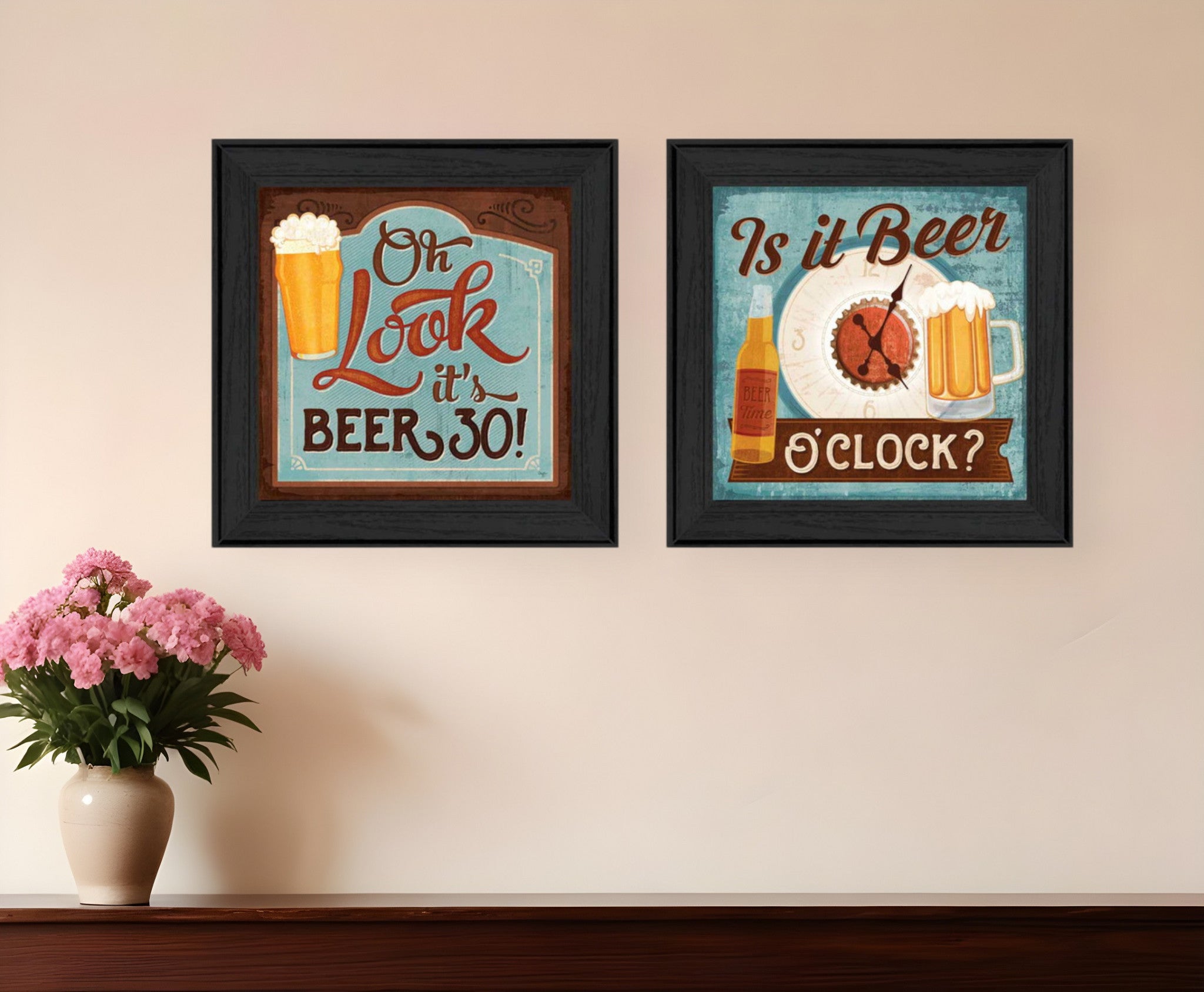 Set Of Two Beer Oclock Black Framed Print Wall Art