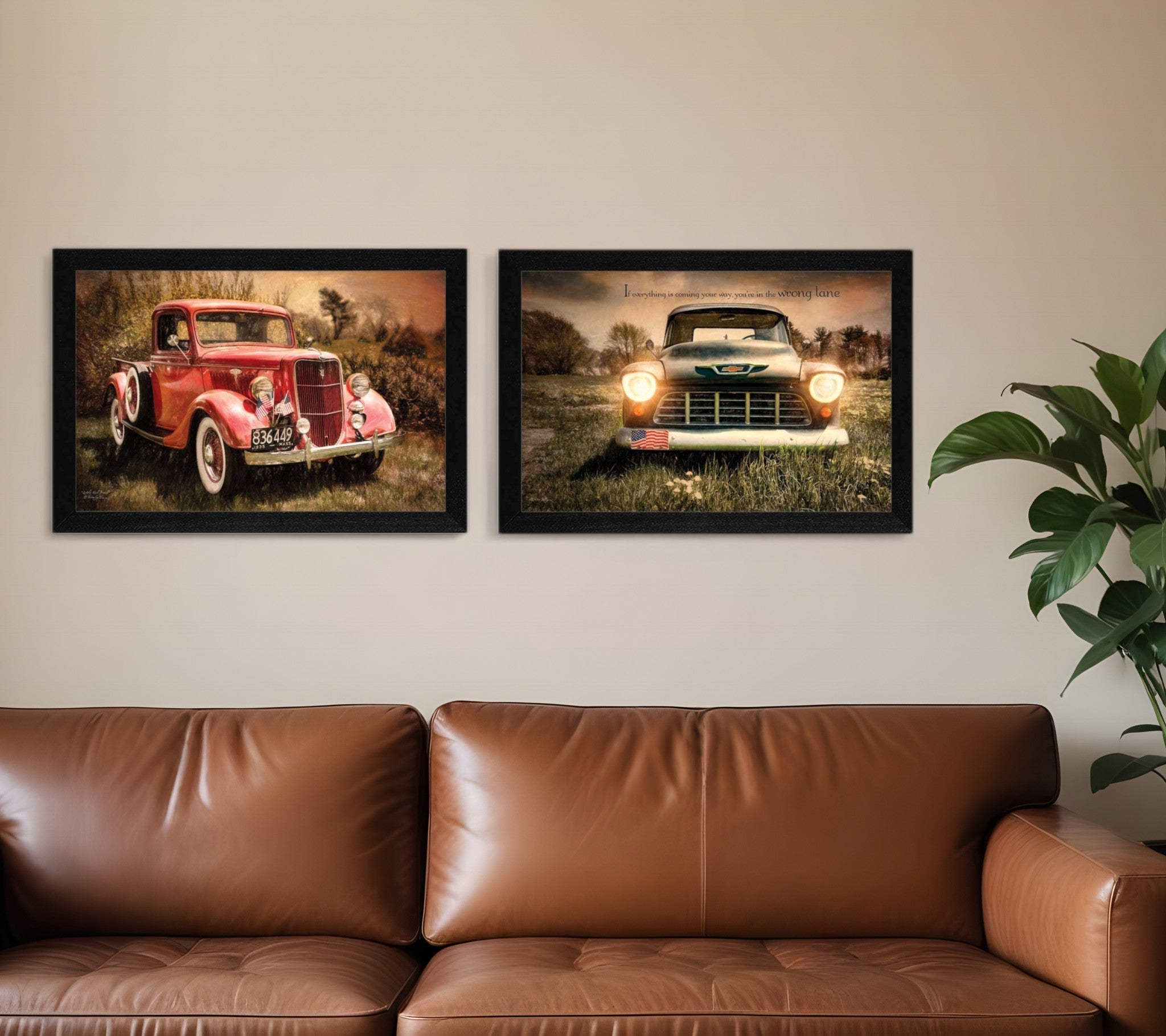 Set Of Two Vintage Trucks Black Framed Print Wall Art