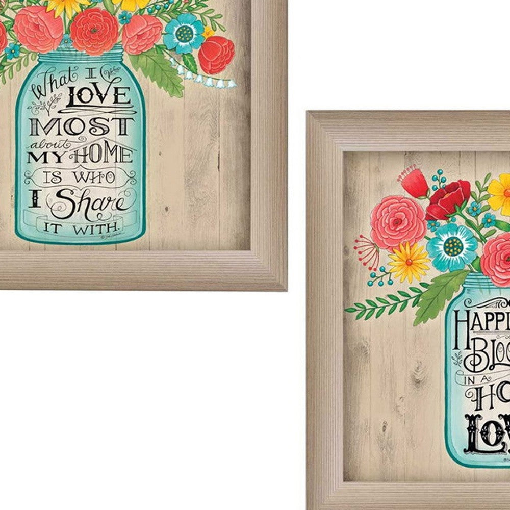 Set Of Two Mason Jar Floral Happiness at Home Brown Framed Print Wall Art