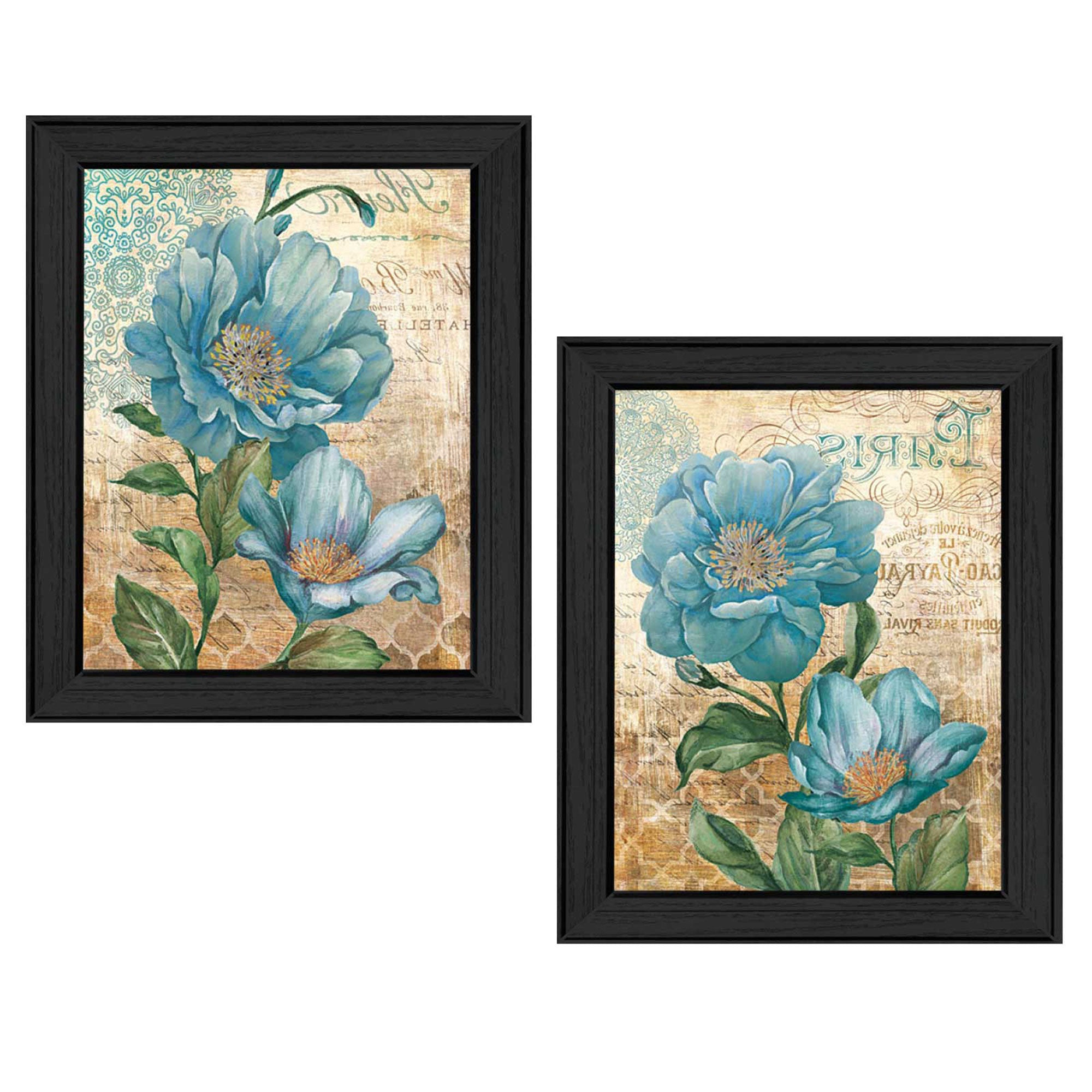 Set Of Two Paris Floral Postcard Black Framed Print Wall Art