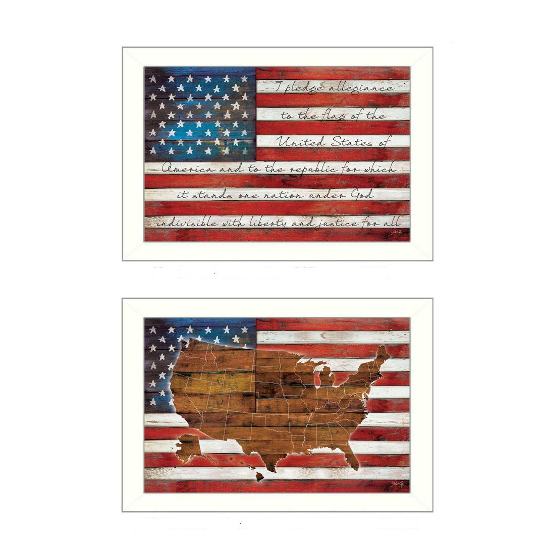 Set Of Two American Flags White Framed Print Wall Art