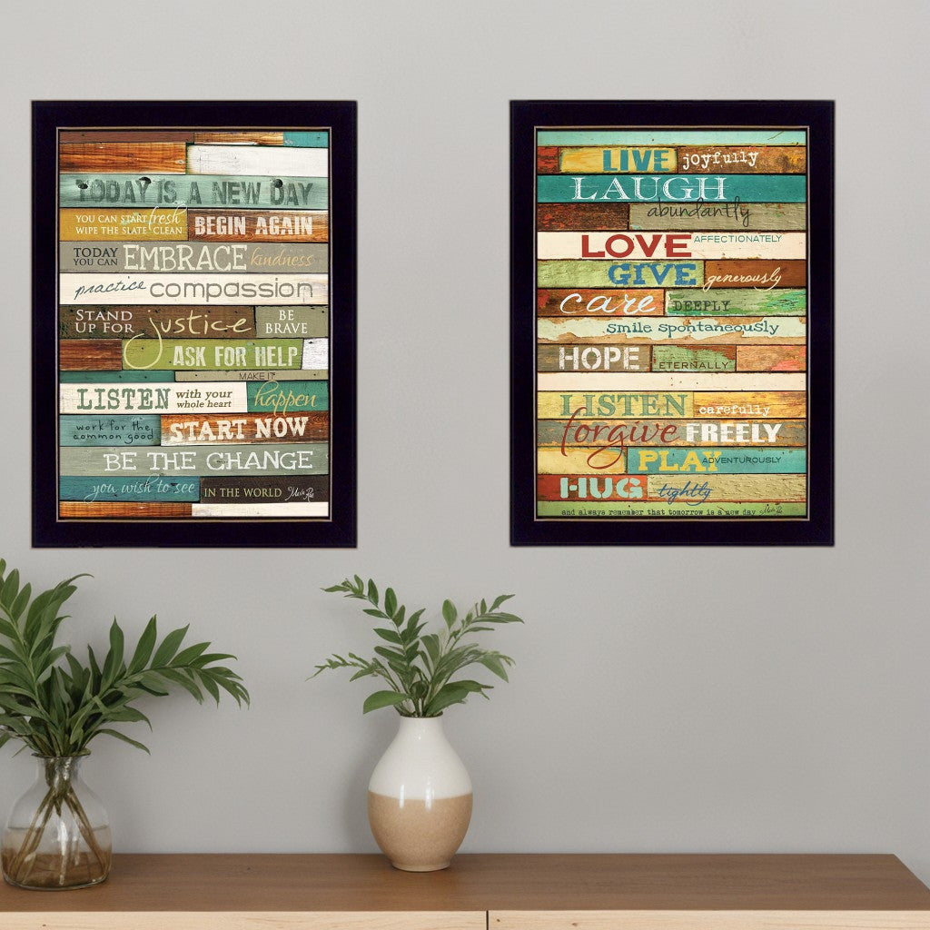 Set Of Two Today is a New Day Faux Wood Slat Black Framed Print Wall Art