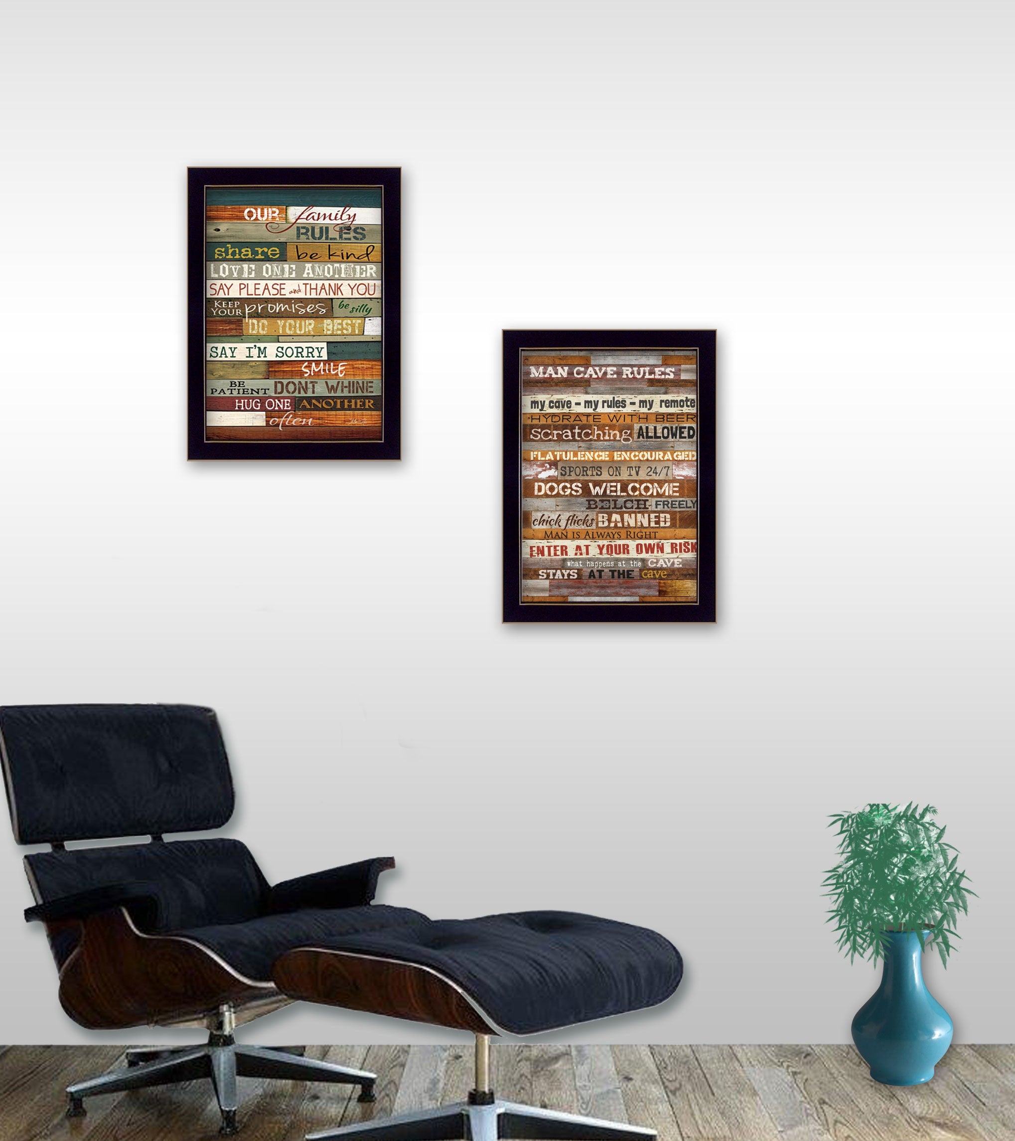 Set Of Two Family and Man Cave Rules 1 Black Framed Print Wall Art