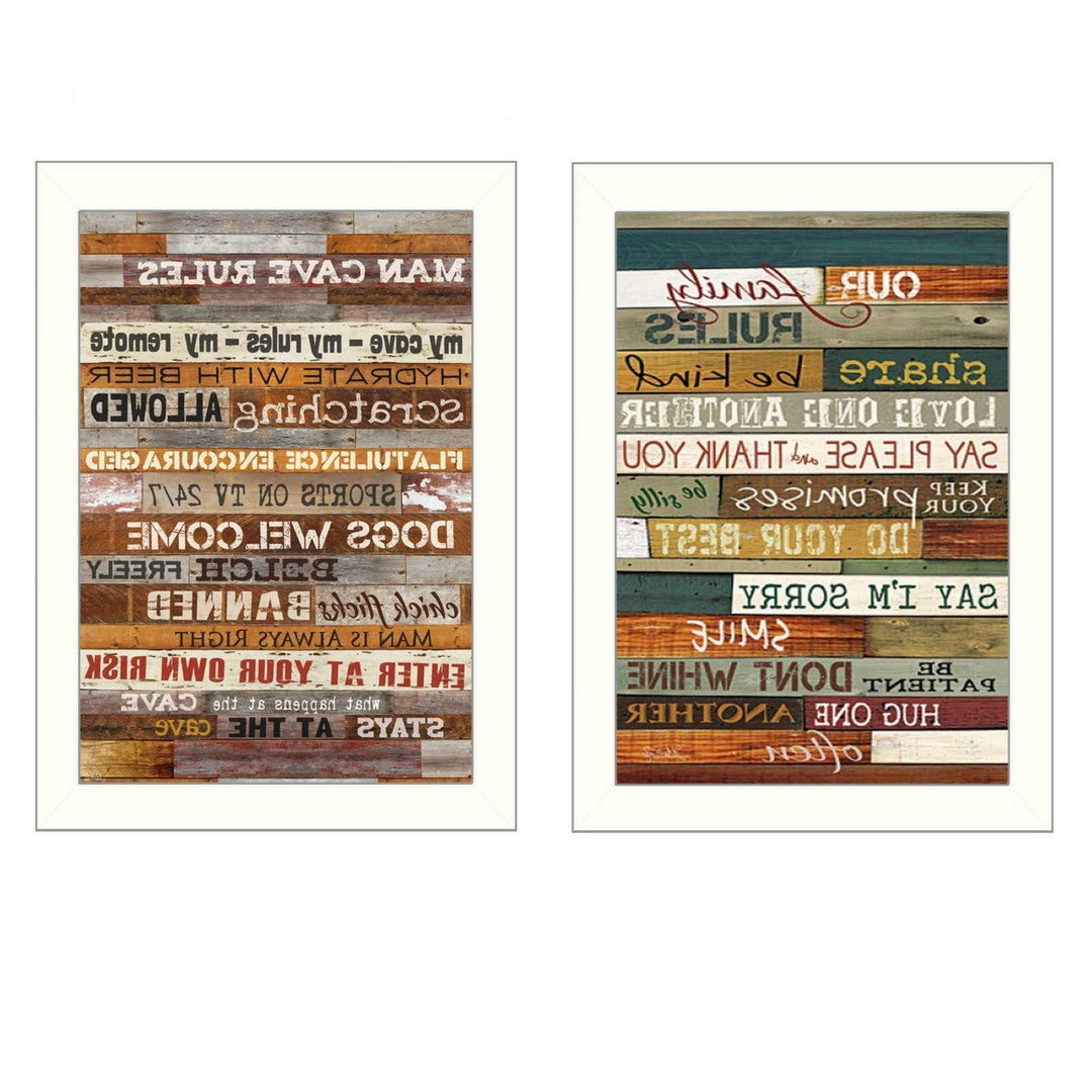 Set Of Two Family and Man Cave Rules 2 White Framed Print Wall Art